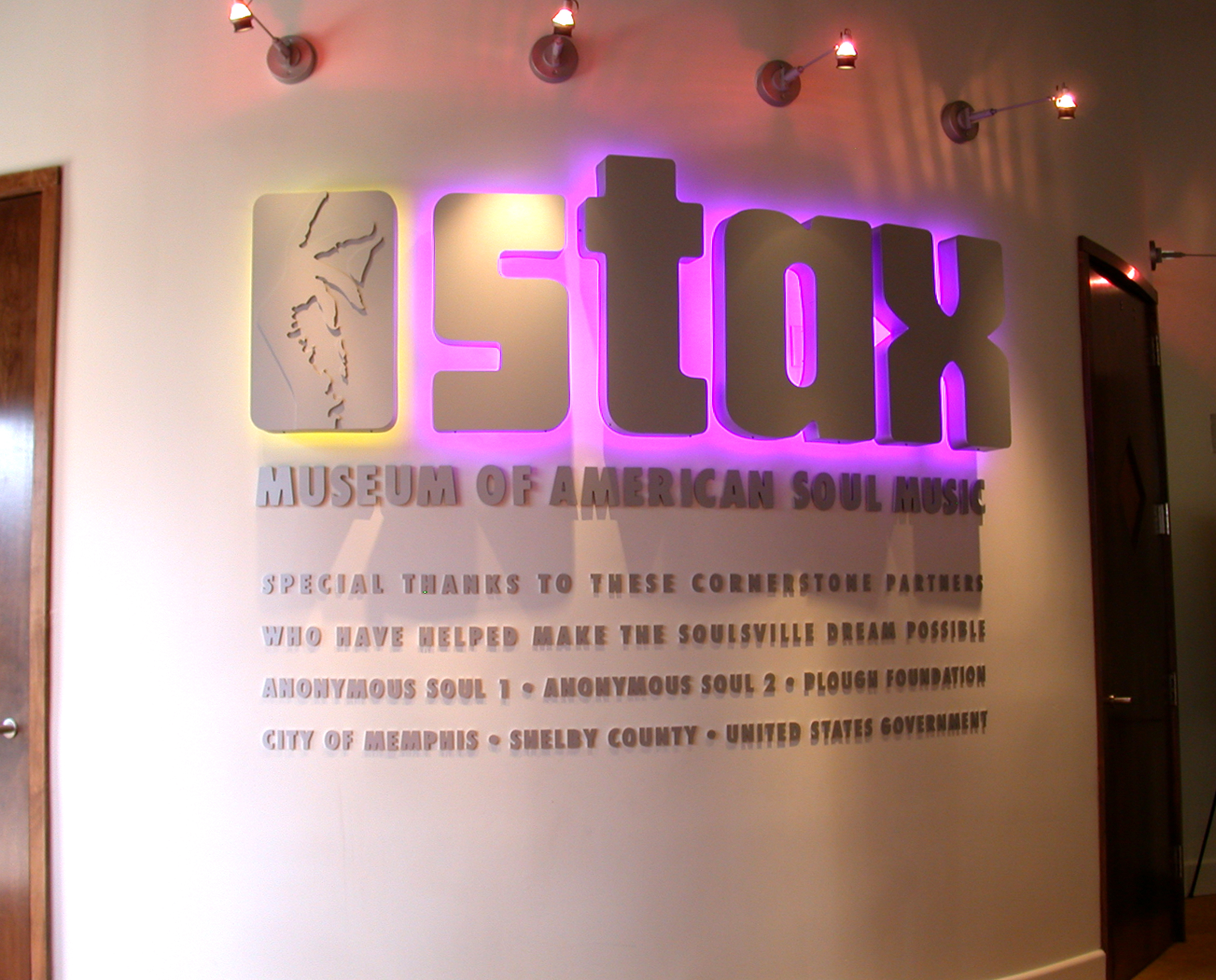  STAX Museum lobby signage with partners acknowledgements  Branding creative and design by Chuck Mitchell  Sign fabrication by Frank Balton Signs Memphis 