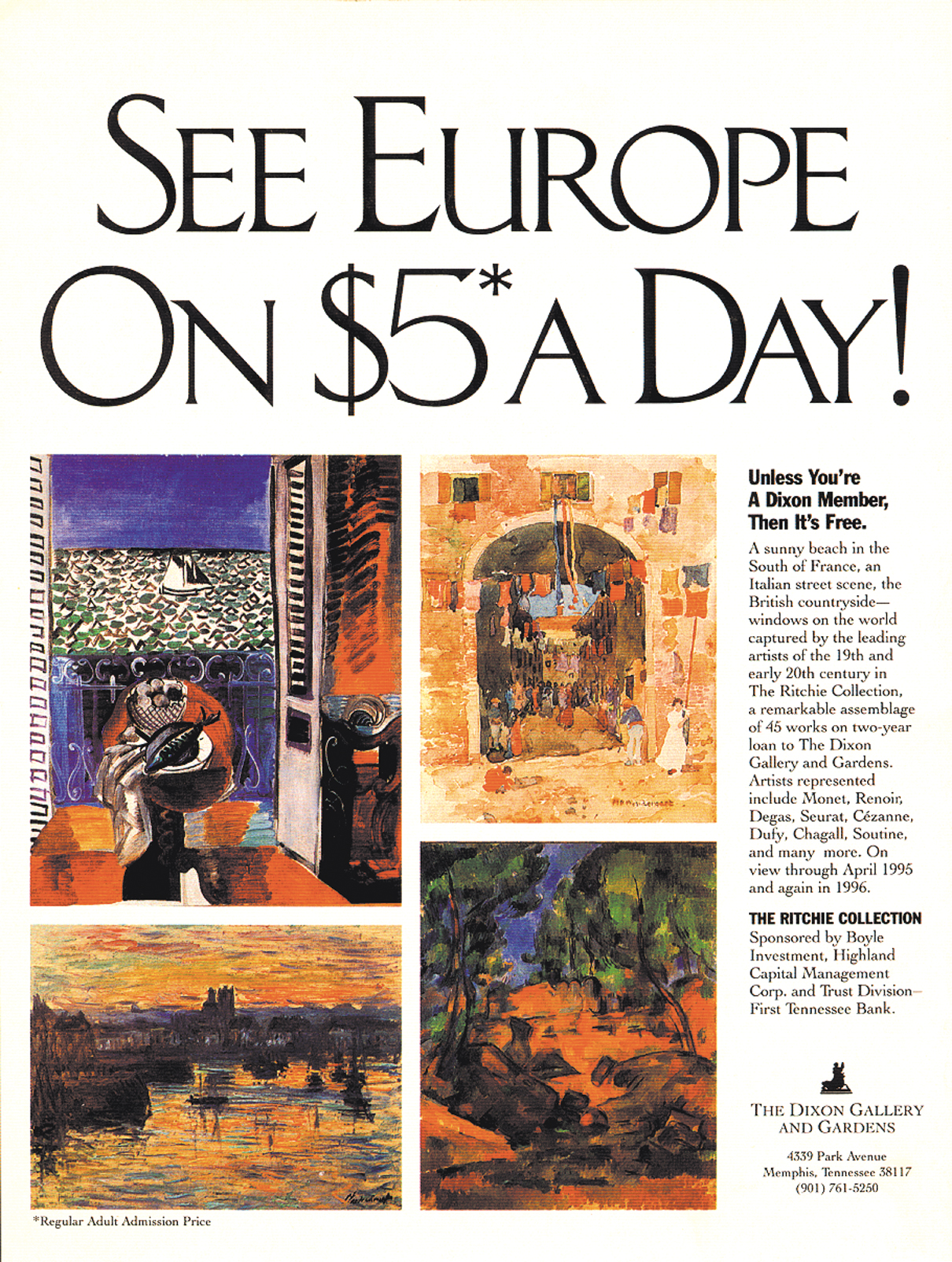  Dixon Gallery &amp; Gardens “See Europe on $5 a Day” print ad 