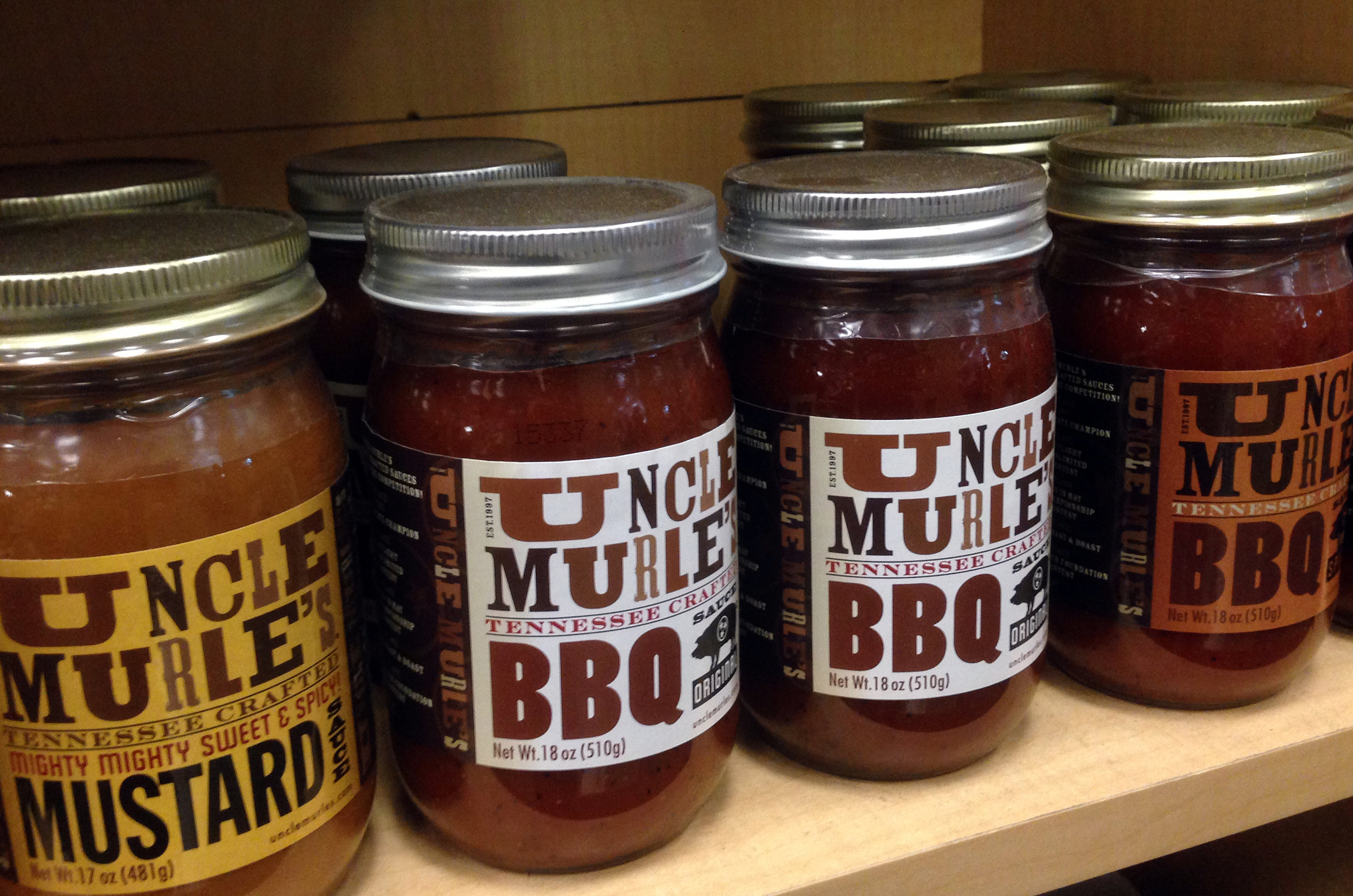  Uncle Murle’s BBQ and Mustard Sauces on the shelf at Novel, Memphis  Branding creative and design by Chuck Mitchell 