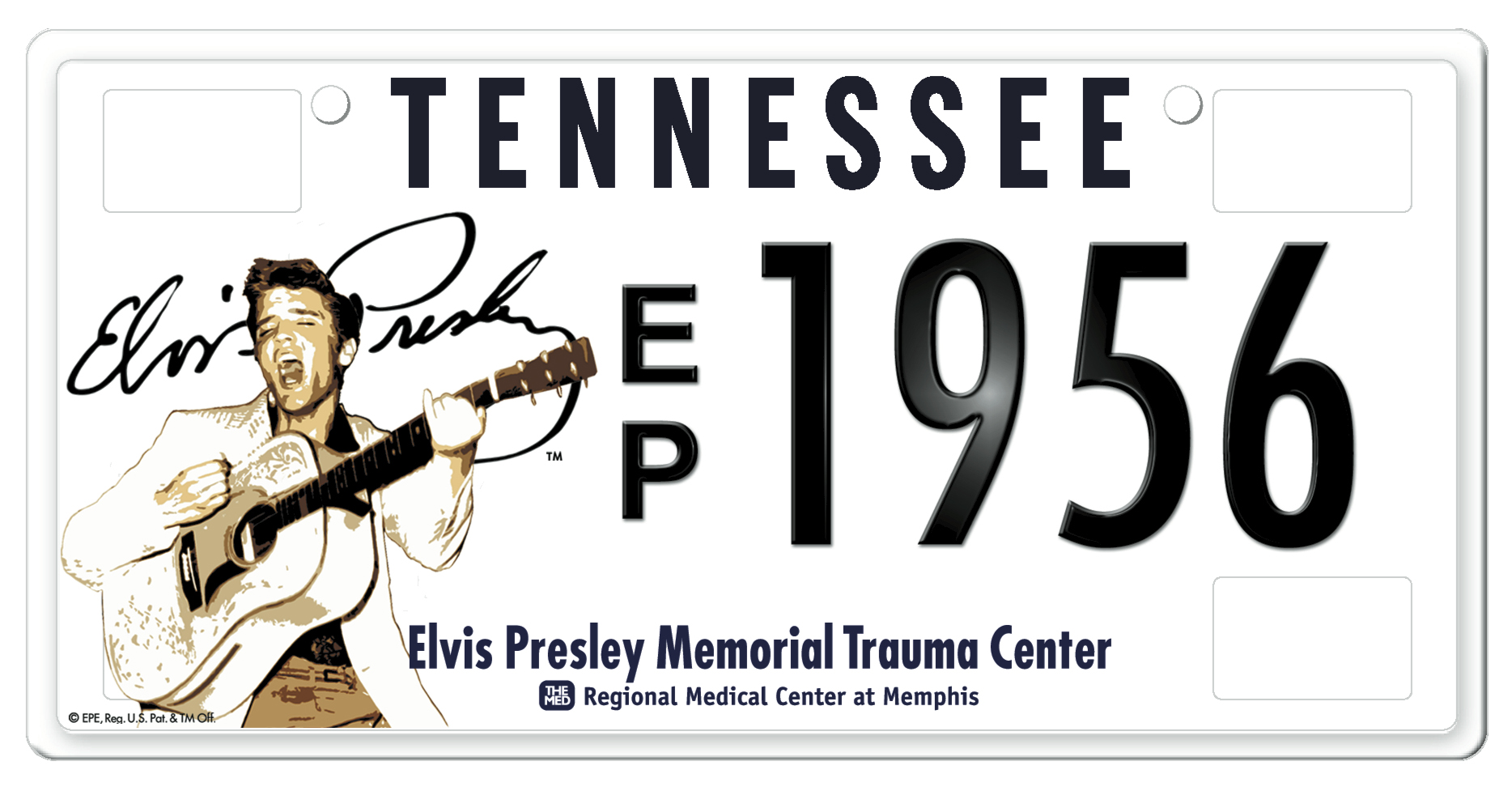  Elvis Presley Official State of Tennessee License Plate  Creative and design by Chuck Mitchell  The MED logo by the late Bill Womack     This official State of Tennessee Elvis Presley License Plate is part of the Tennessee Specialty License Plate Pr