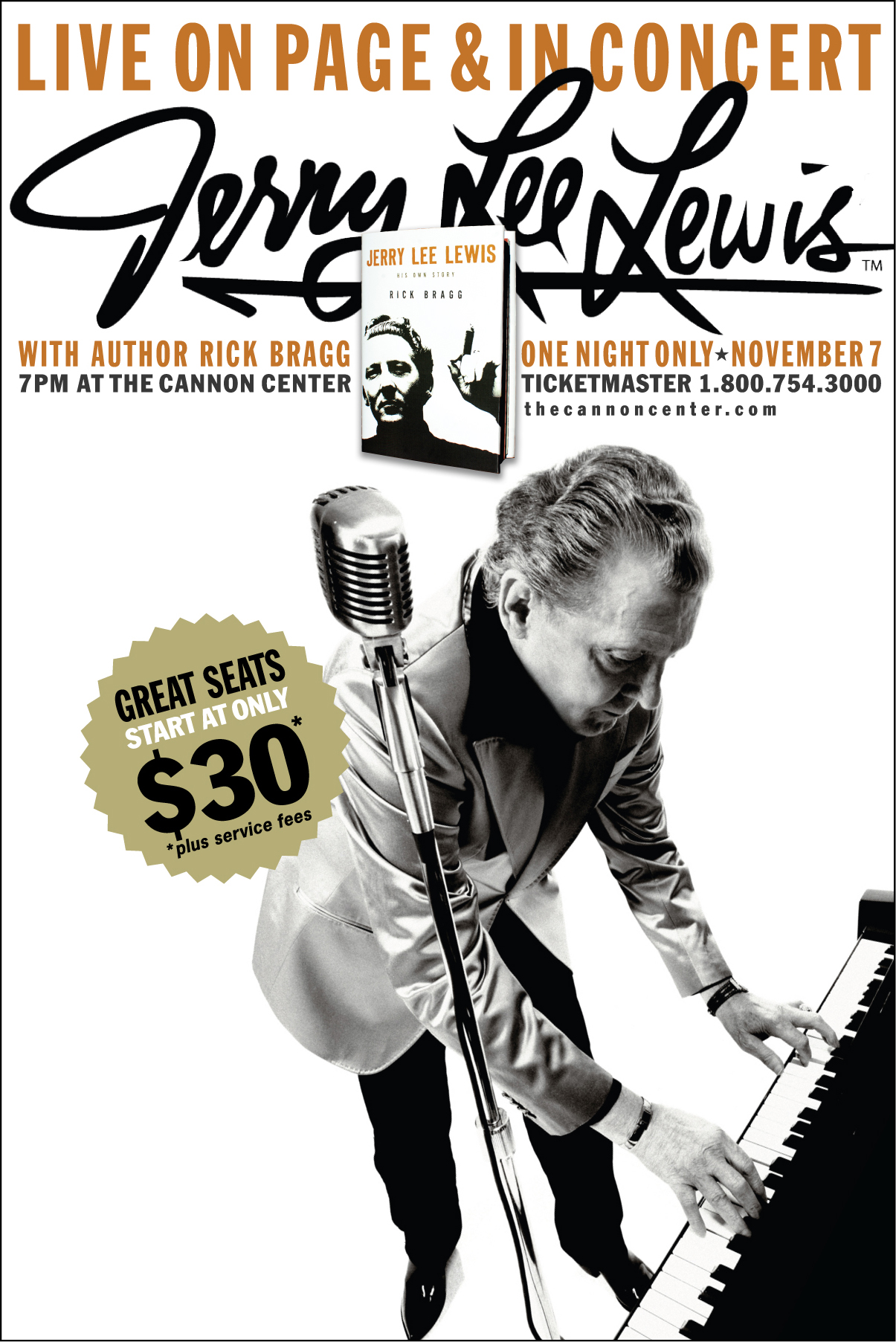  Jerry Lee Lewis and Rick Bragg book reading and concert  Cannon Center Memphis  Direct mail postcard and rack card  Creative, copywriting and design by Chuck Mitchell  Photo courtesy JLL 