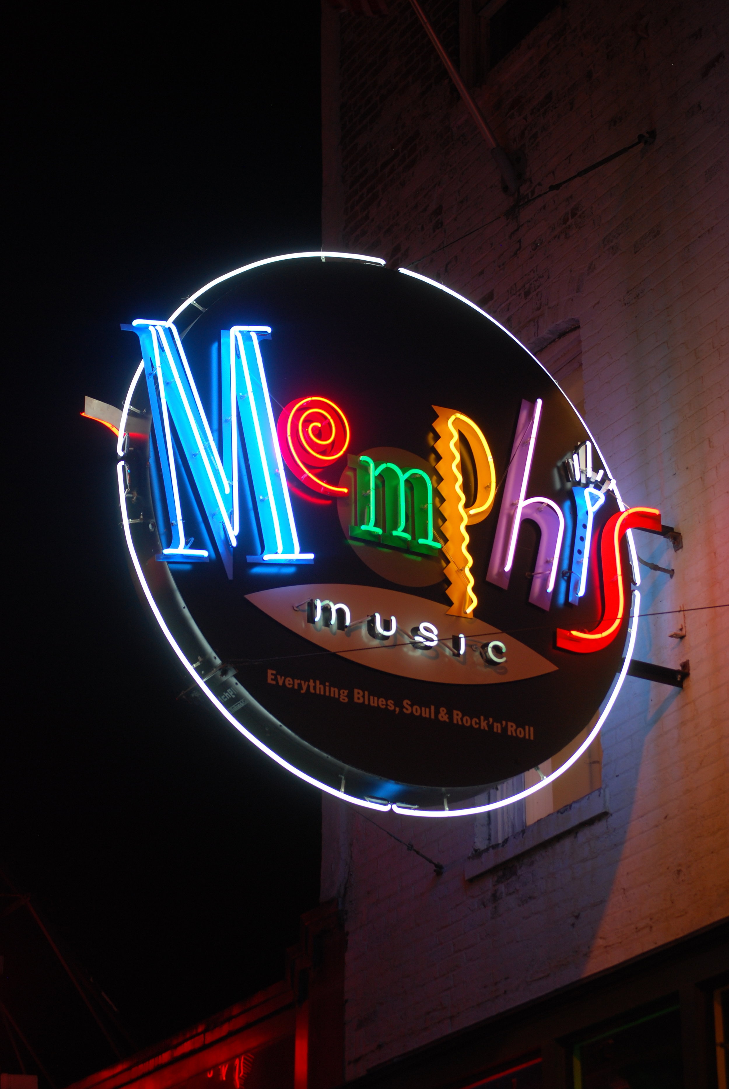  Memphis Music exterior sign  Branding creative and design by Chuck Mitchell  “Everything Blues” tag-line by Chuck Mitchell  Memphis Music Store image as seen on Bluff City Law  Beale Street Memphis, Tennessee  Sign fabrication and installation by Fr