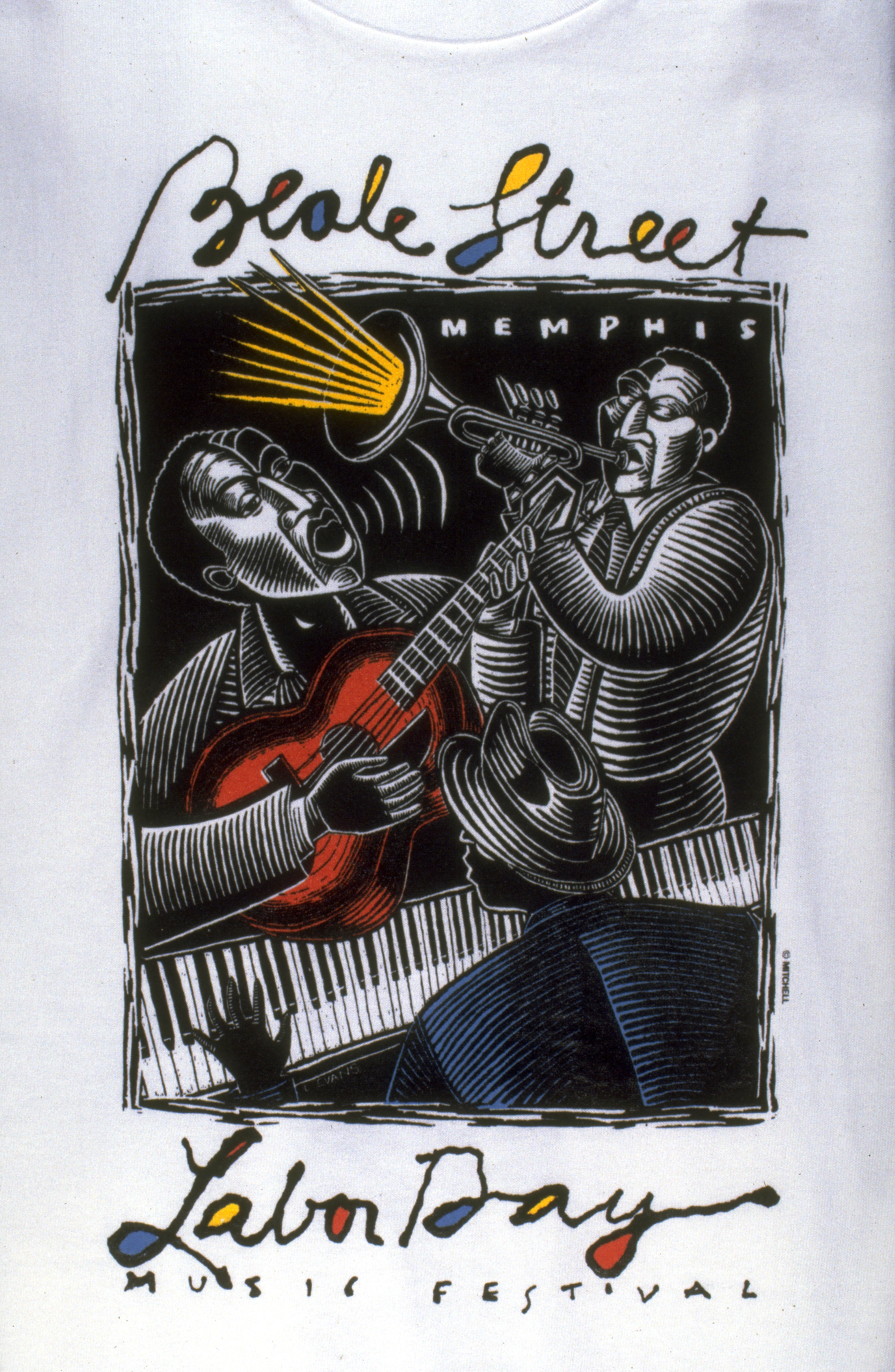  Beale Street Labor Day Music Festival design  Scratchboard illustration by Evans  © Chuck Mitchell. All rights reserved. 