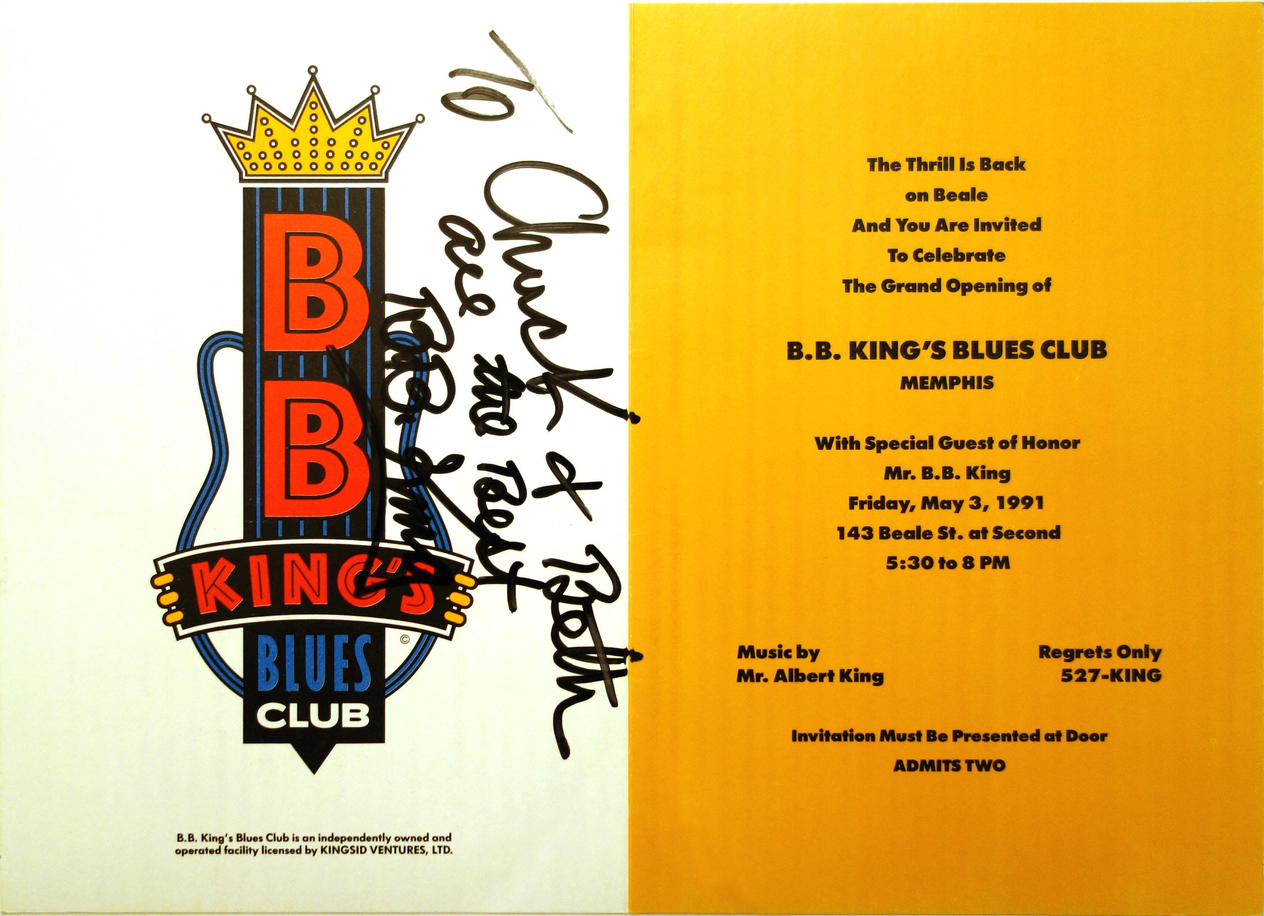  The Thrill is Back!  BB King’s Blues Club opening invitation  Branding creative, copywriting and design by Chuck Mitchell  Beale Street Memphis, TN 