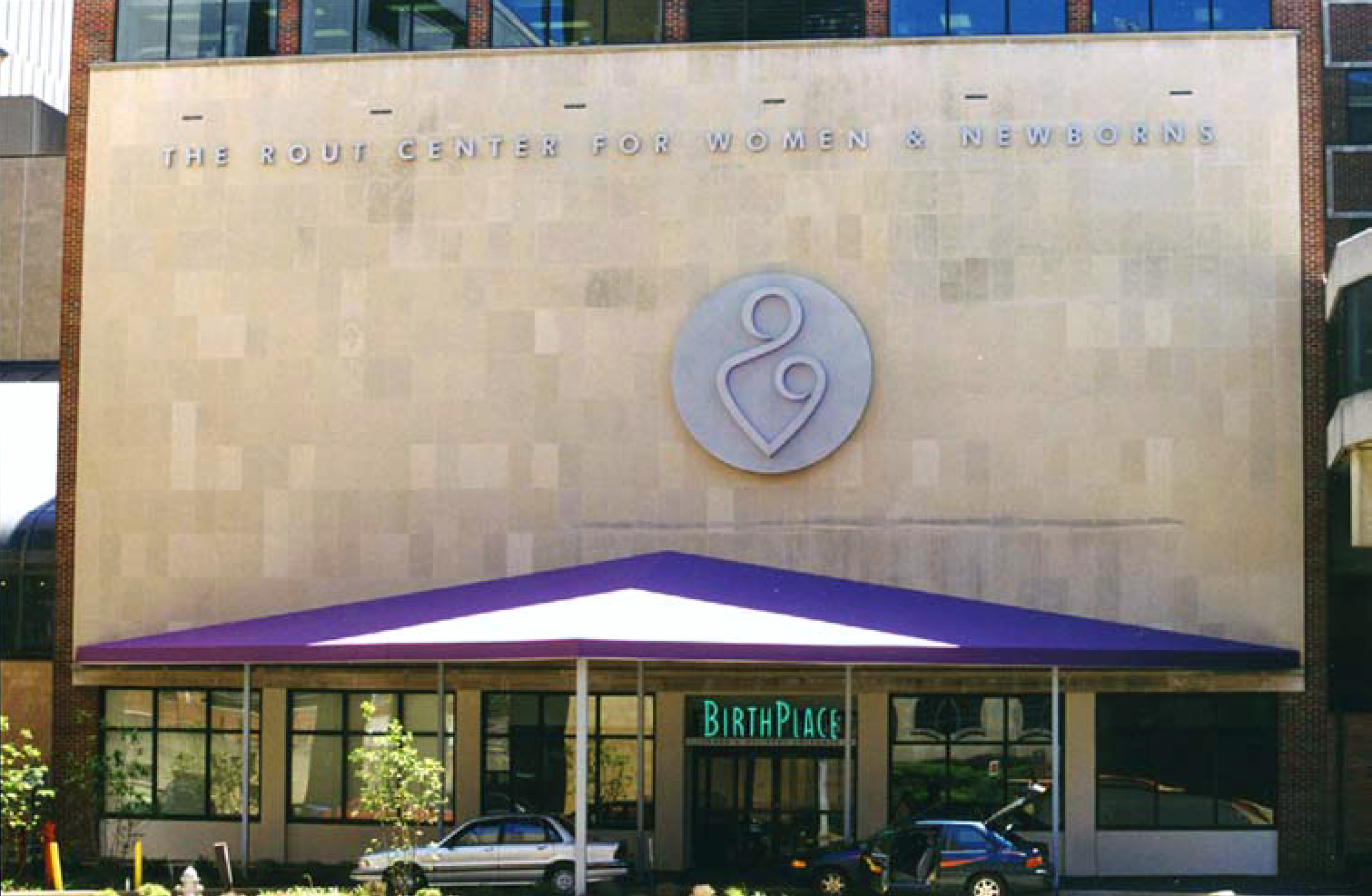  BirthPlace and The Rout Center for Women &amp; Newborns entrance signage at Regional One Medical Center, formerly The MED  Naming, branding creative and design by Chuck Mitchell  Sign fabrication and installation by Frank Balton Sign Co. 