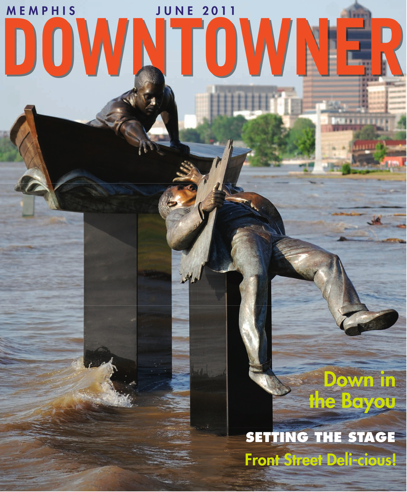  Memphis Downtowner Magazine  Mississippi River Flood  Tom Lee statue, Tom Lee Park  Publication design by Chuck Mitchell  Photograph by Chuck Mitchell 