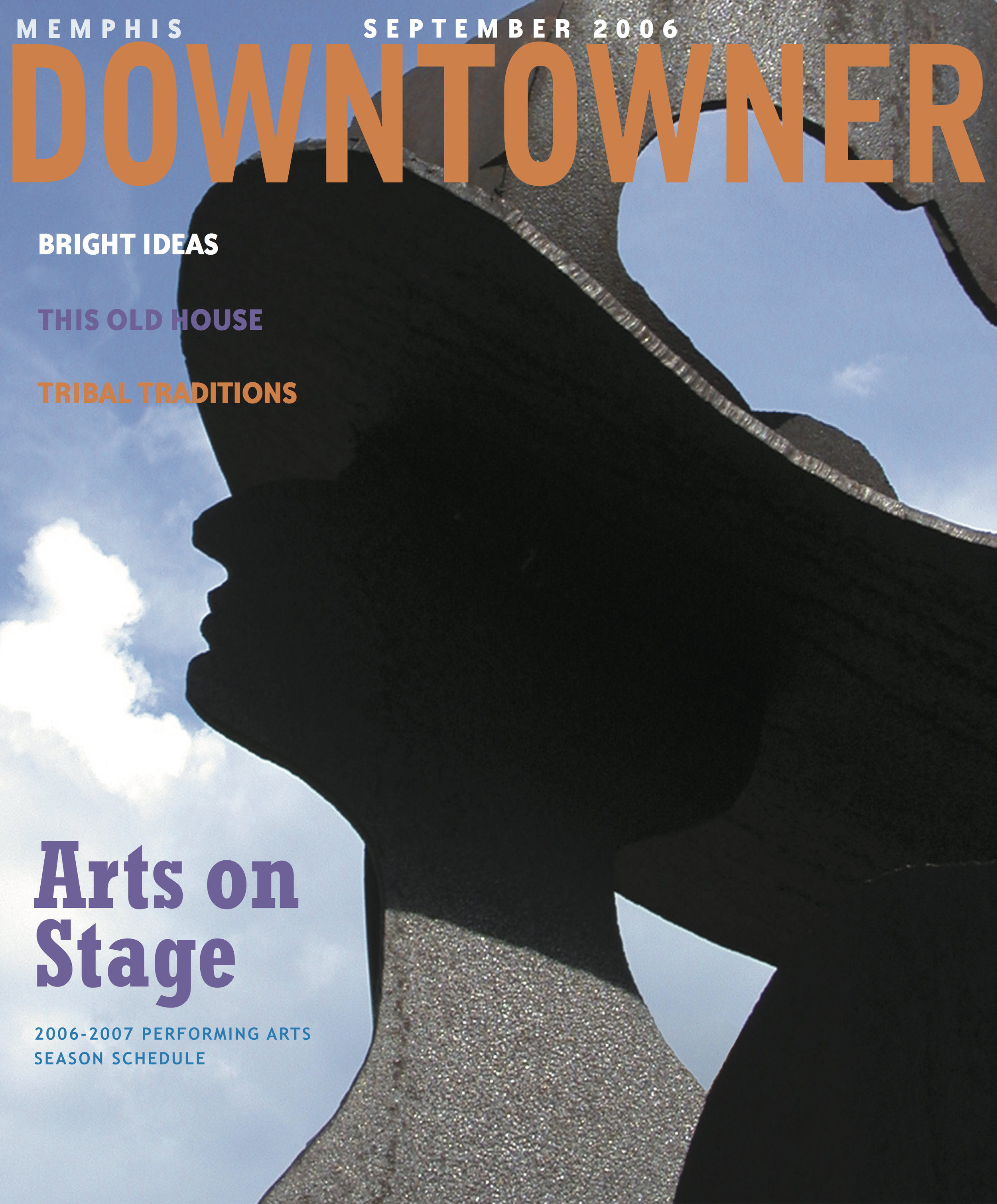  Memphis Downtowner Magazine  Performing Arts Schedule Issue  Theatre Memphis statue  Publication design by Chuck Mitchell  Photograph by Chuck Mitchell 