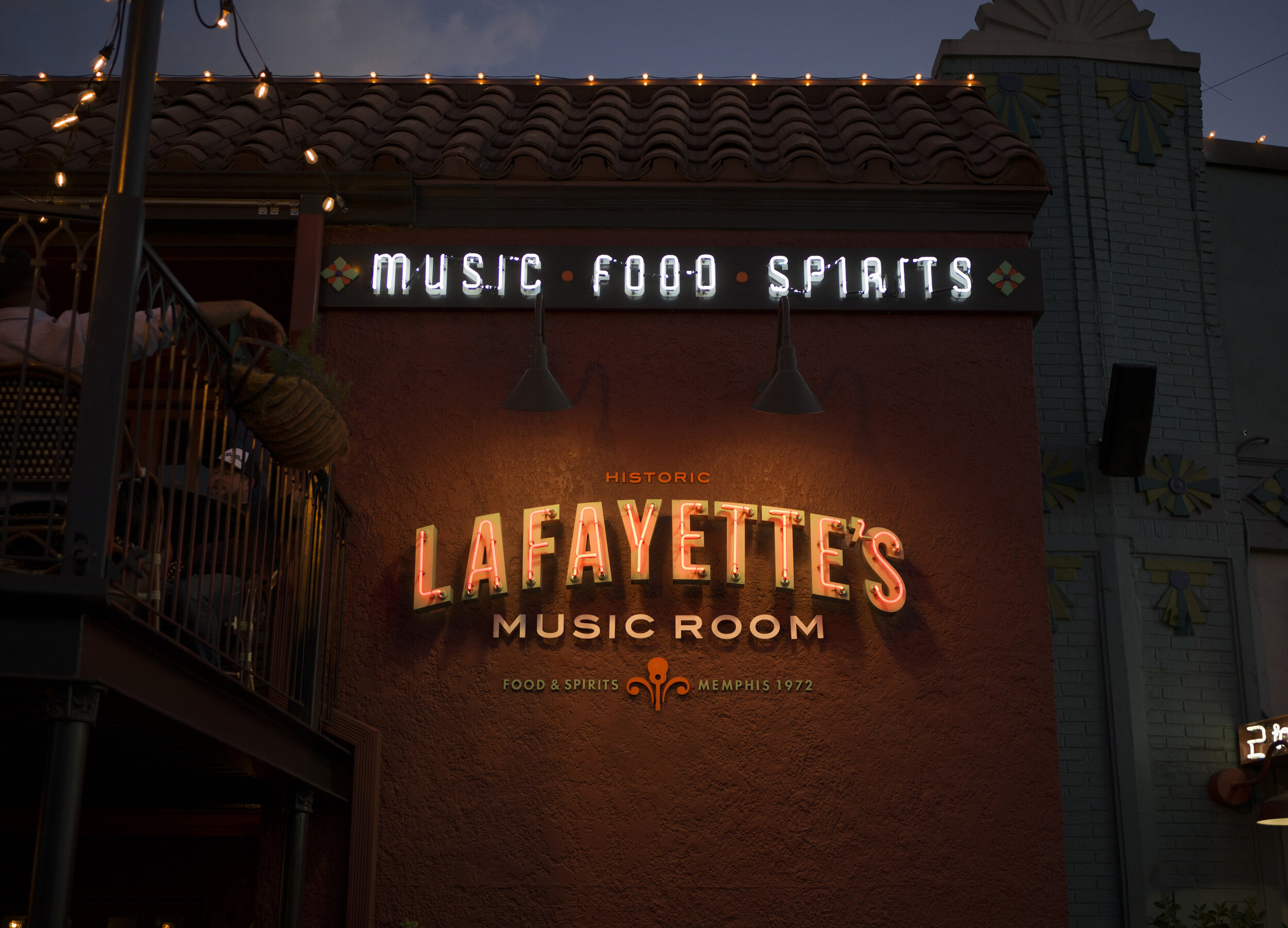  Lafayette’s Music Room exterior signage  Creative and design by Chuck Mitchell  Overton Square Memphis, Tennessee  Photograph by Reid Mitchell  Sign fabrication and installation by Frank Balton Sign Company 