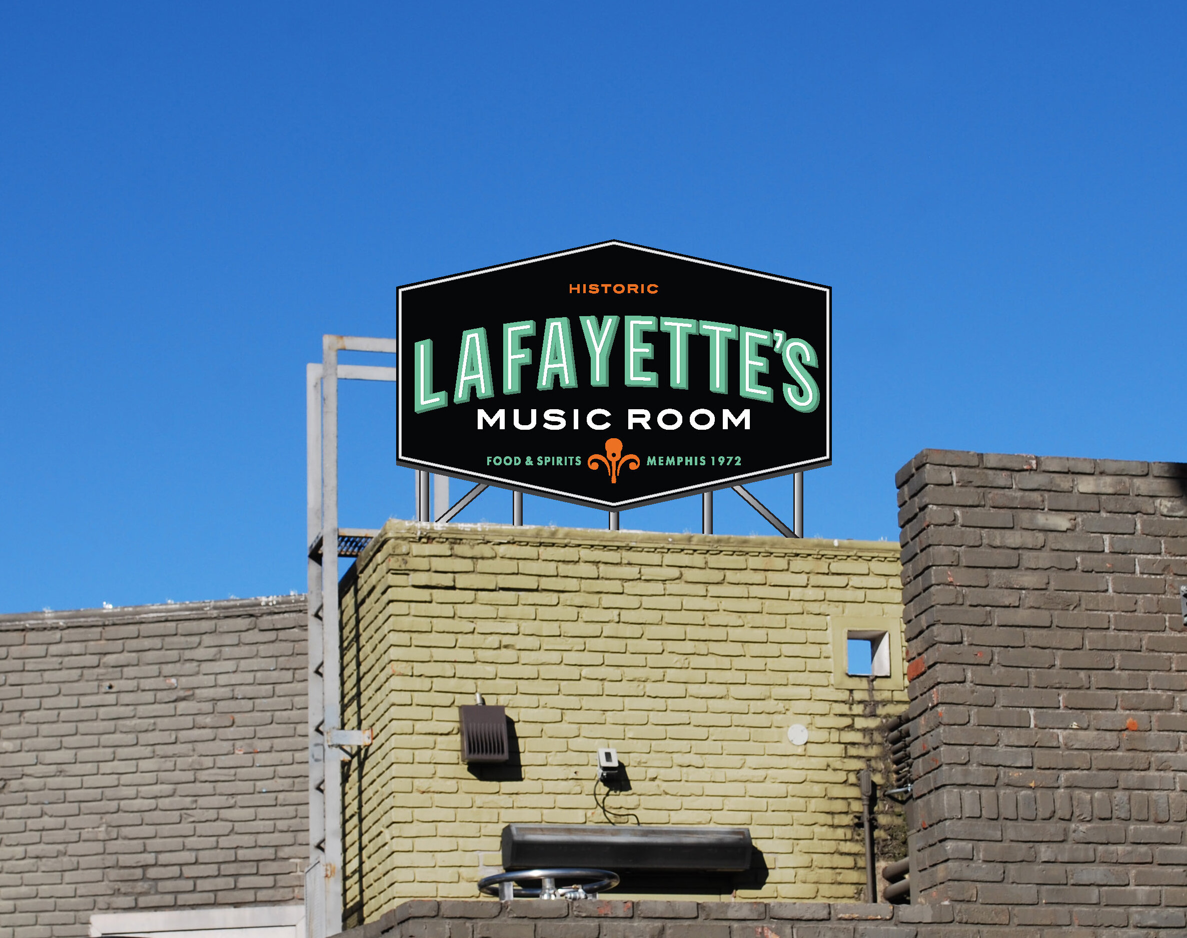  Lafayette’s Music Room  New proposed exterior signage for south elevation  Creative and design by Chuck Mitchell  Overton Square Memphis, Tennessee 