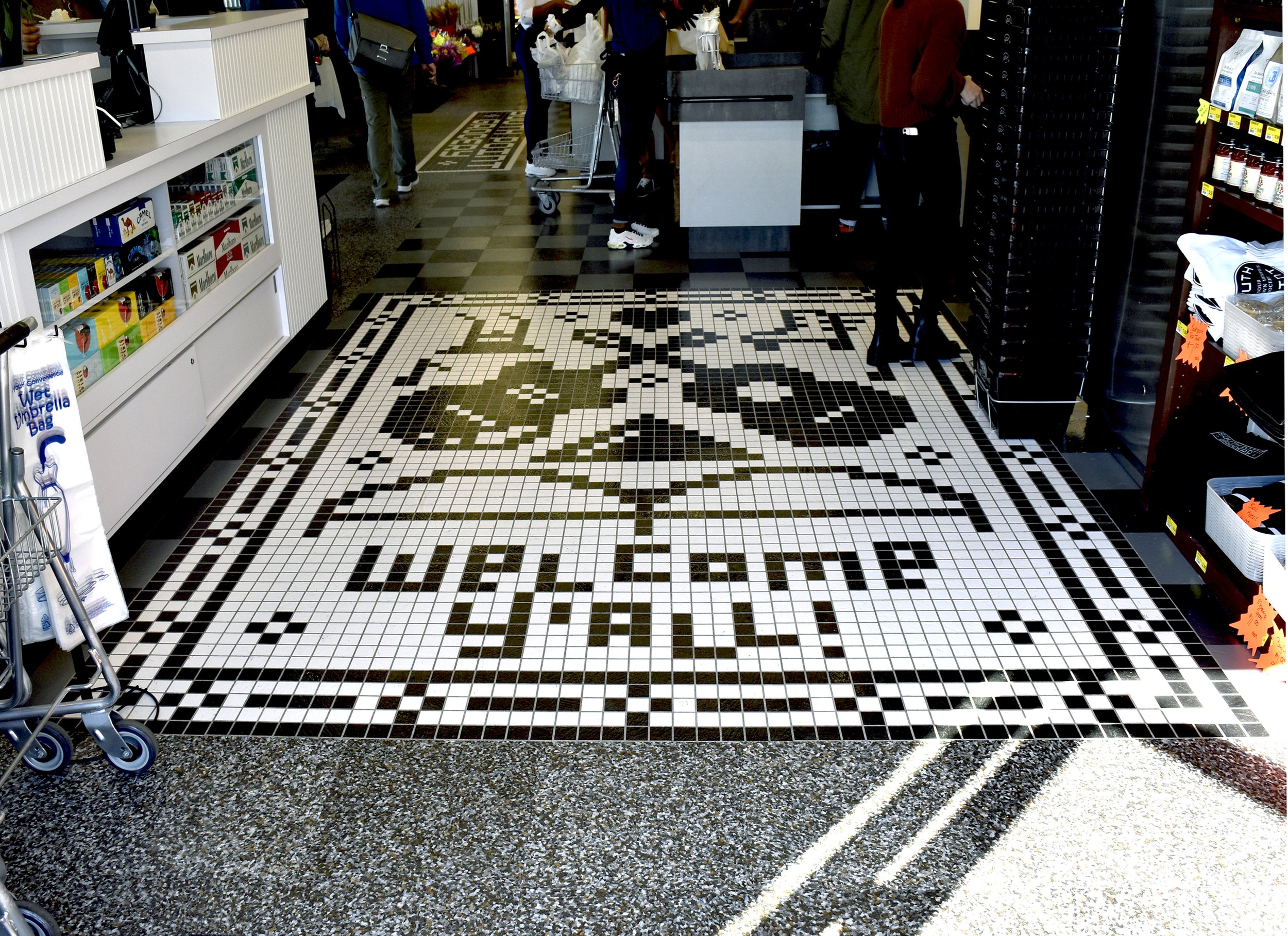  South Point Grocery  Downtown Memphis  South Point Grocery “Welcome Y’all! Memphis Sampler”© floor graphic  Branding creative and floor design by Chuck Mitchell  Memphis icons illustrations by Chuck Mitchell and Reid Mitchell  Floor fabrication by T
