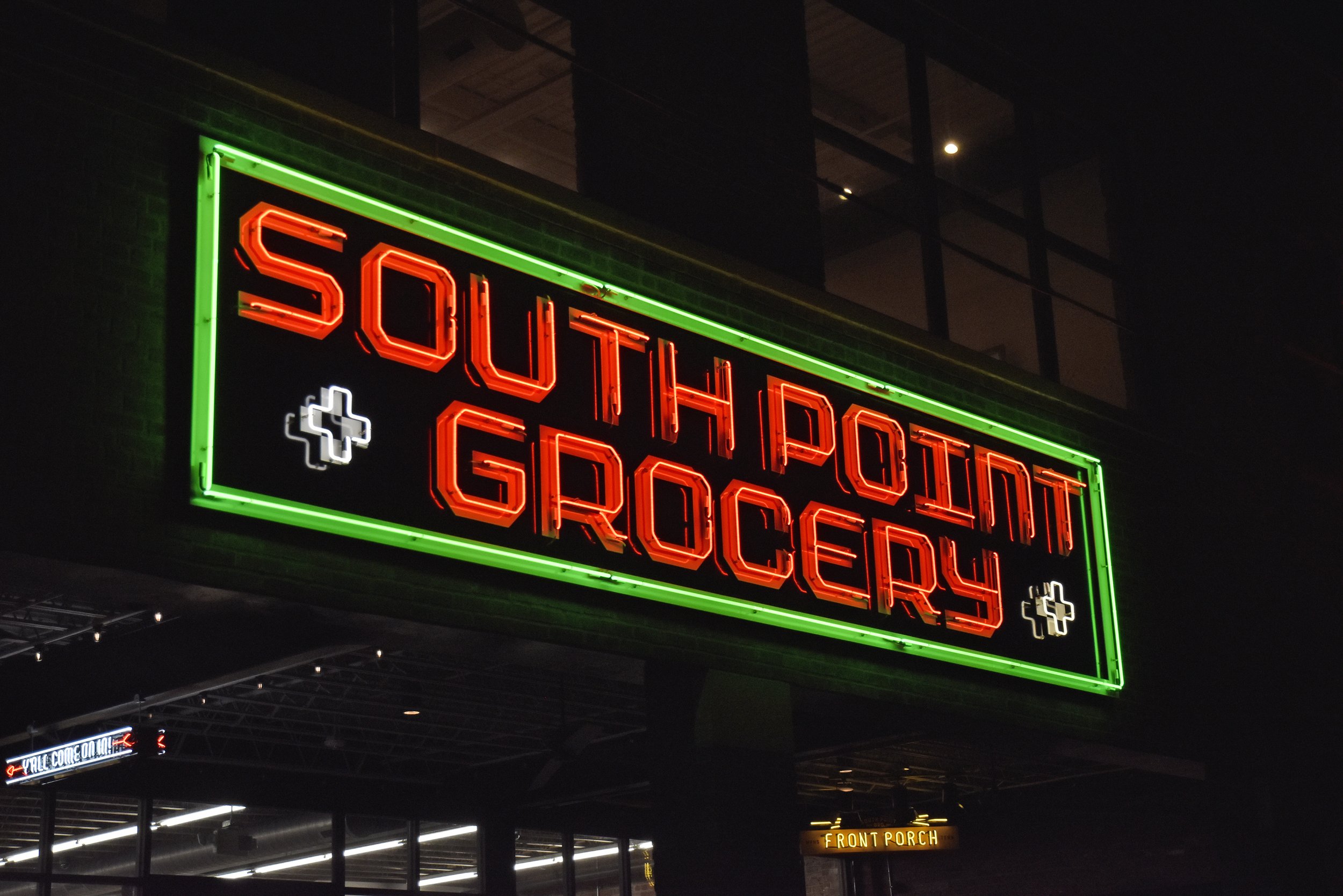  South Point Grocery  Downtown Memphis  Main entrance neon cabinet sign  Branding creative and design by Chuck Mitchell  Logo font design by Chuck Mitchell and Whitt Mitchell  Sign fabrication and installation by Frank Balton Sign Company 