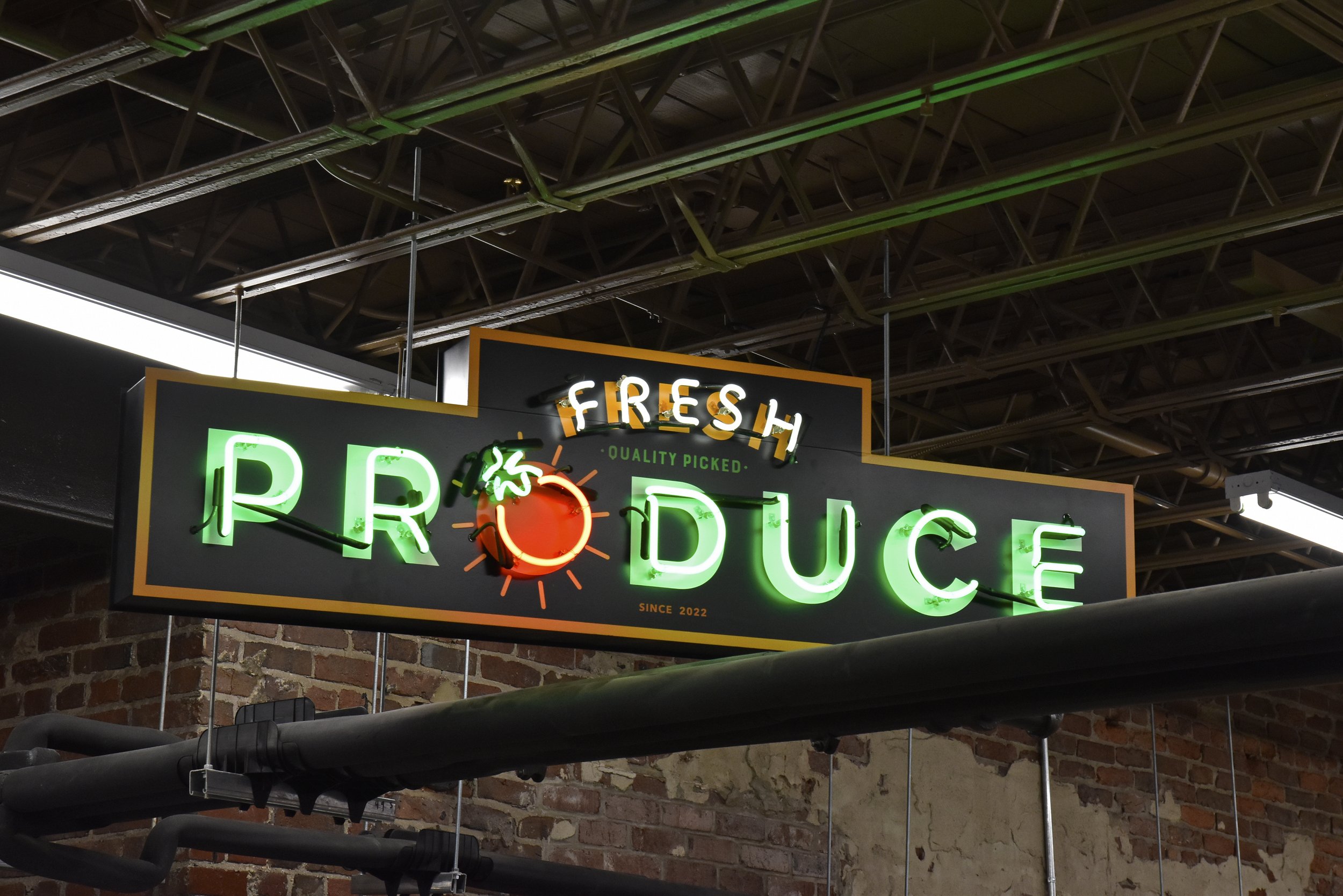  South Point Grocery  Downtown Memphis  “Fresh Produce” department neon sign  Branding creative and design by Chuck Mitchell  Sign fabrication and installation by Frank Balton Sign Company 