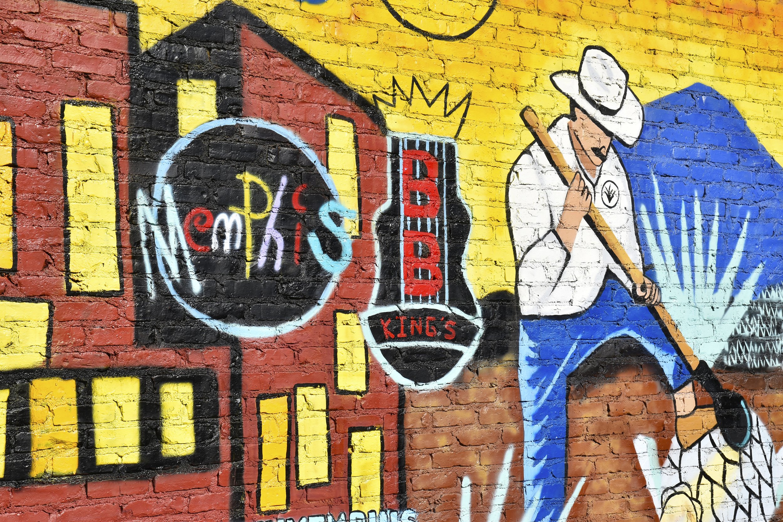  Mural as seen at Agavos Cocina Memphis featuring artistic interpretation of Beale Street’s Memphis Music and BB King’s signs  Mural art by @carlosgma13 (?) 
