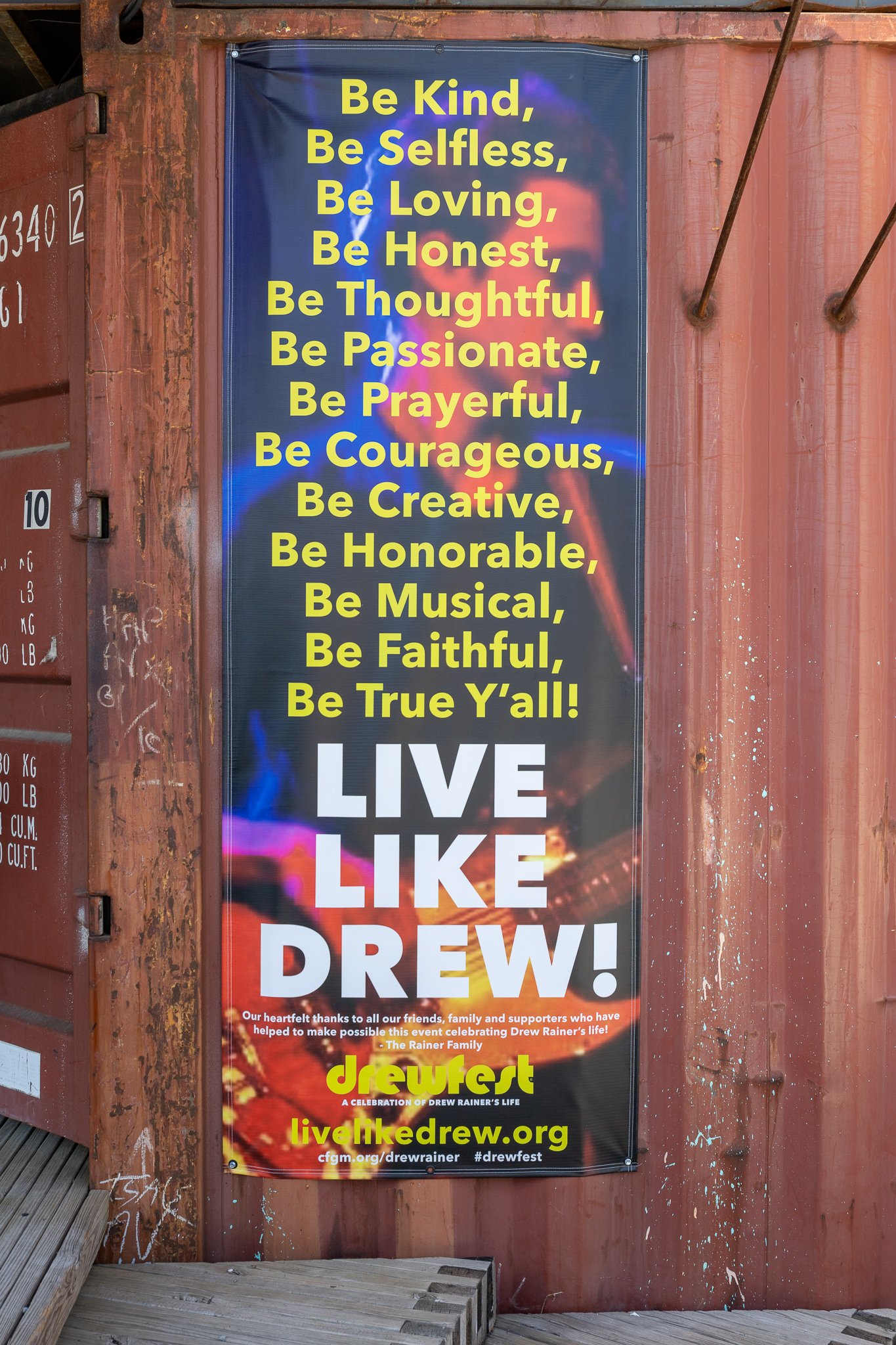  DrewFest Memphis stage banner  Railgarten  Branding creative and design by Chuck Mitchell  Pro bono project celebrating the life of Drew Rainer  Photograph by Bryant Cummings 