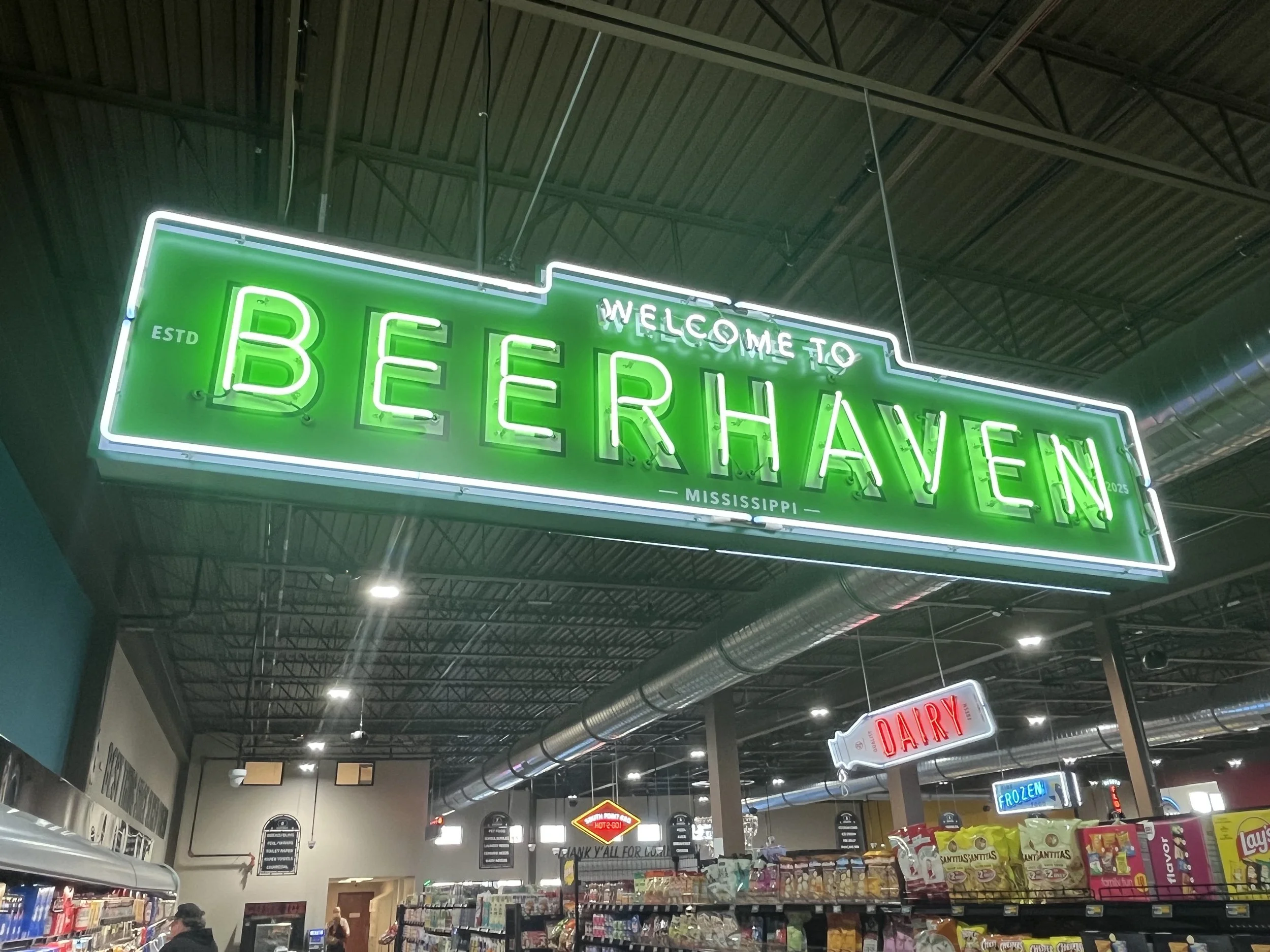  South Point Grocery Silo Square  Southaven, Mississippi  "BEERHAVEN" interior double-face neon sign  Branding creative and signage design by Chuck Mitchell  Sign fabrication and installation by Frank Balton Sign Company 