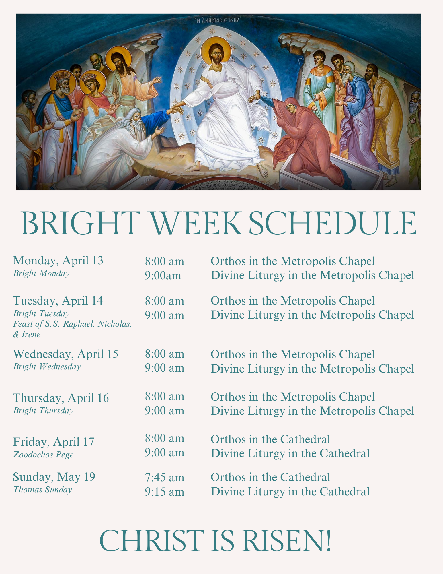 Bright Week Schedule