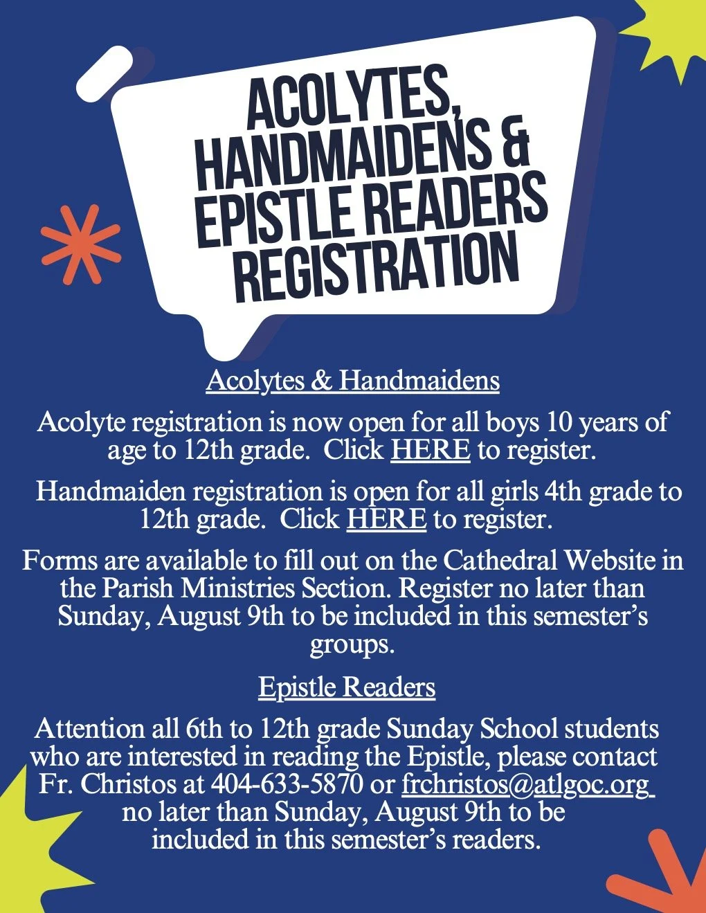 Sign up for Acolytes, Handmaidens and Epistle Readers