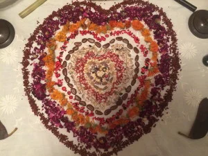 Generally, symbols of each of the elements are included in the Landscapes (candle for fire, bowl of sacred water, feathers for air, rocks for Earth). Healing tools and Sacred objects are also placed on or around the Landscape, especially if we are doing deep work. 