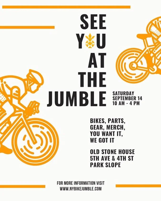 NY Bike Jumble this Saturday Sept 14. Walk in ride out ;)
🍍🚲🍍🚲🍍🚲 between 4th and 5th Ave on the 4th street cul-de-sac next to the Old Stone House of Brooklyn