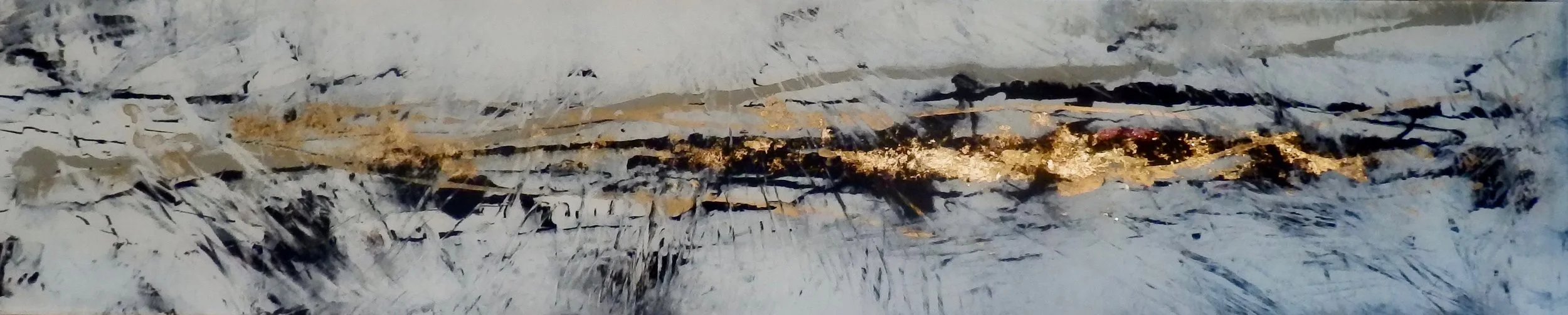 GOLD DUST - Reverse painting on a tempered glass panel, using crystal paper and gold 38 x 83 cm . 15 x 72 in