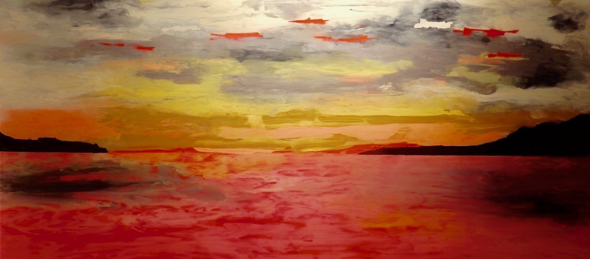   VANCOUVER SUNSET - Reverse painting on tempered glass 50 x 105 cm .&nbsp;19.5 x 42 in  