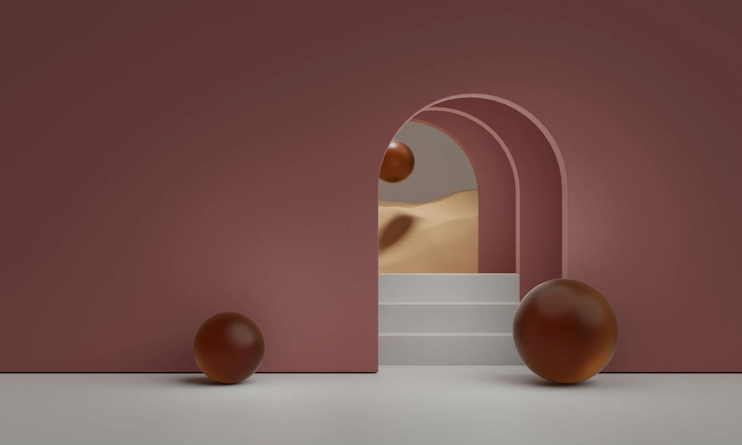 an abstract artwork featuring an arched doorway with steps and multiple balls