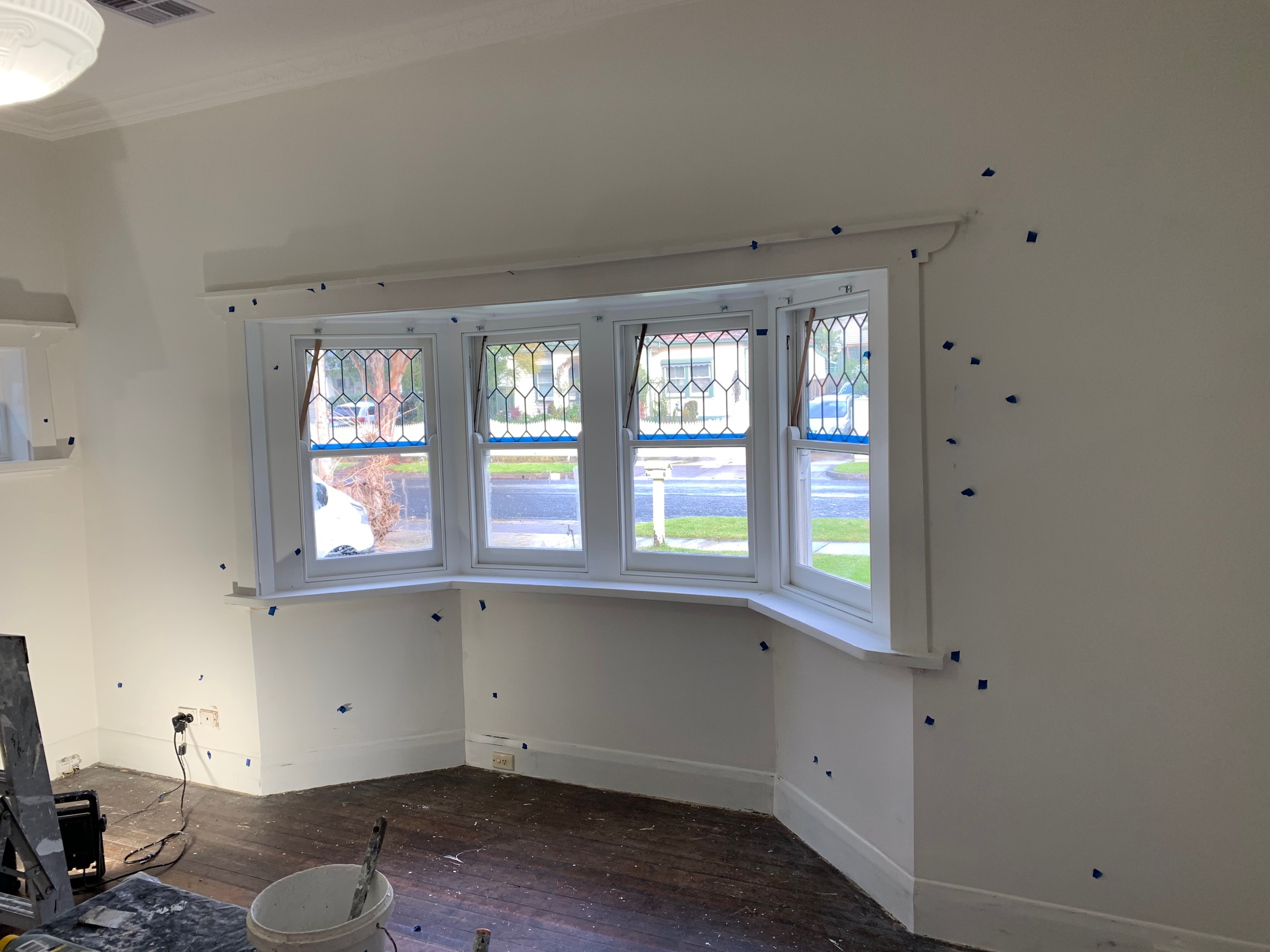 PREPARING all the walls and woodwork proper is critical for the best outcome possible. After filling walls and woodwork we mark the spots with tape so we dont miss any with the undercoat.