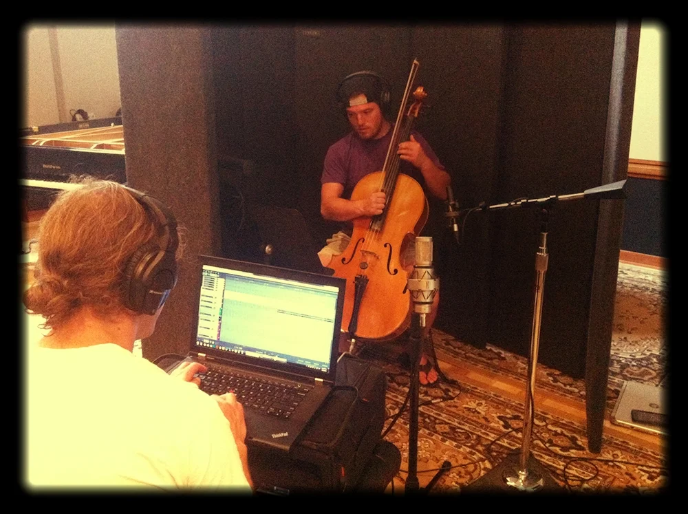 tracking Jacob Passini, who gives us heart-stirring vibrations from his cello, helping to elevate the romance and longing that our two characters foster for one another... / Mineral Sound (left), Jacob Passini (cellist, right); at Wind Over the Earth Studio, Longmont, CO / August 22, 2016