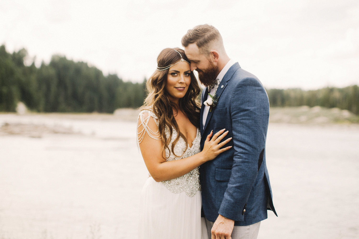 bride and groom portrait, groom in blue suit, boho chic bride, bride with hair down, anna campbell dress 
