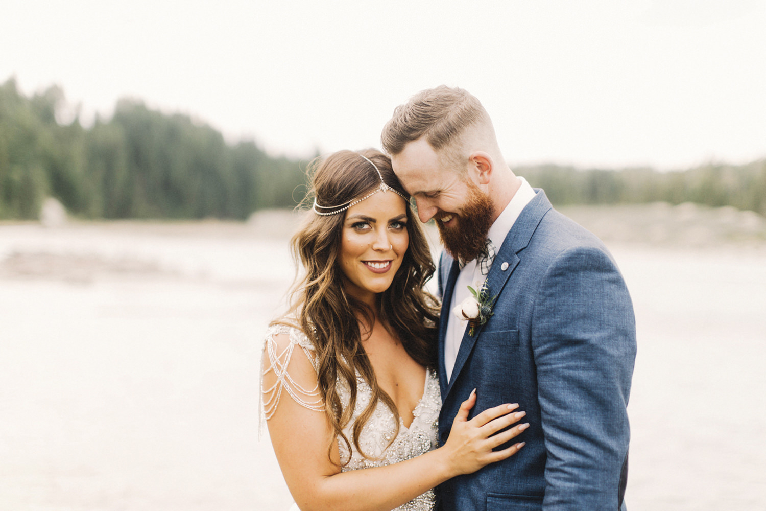 bride and groom portrait, groom in blue suit, boho chic bride, bride with hair down, anna campbell dress 