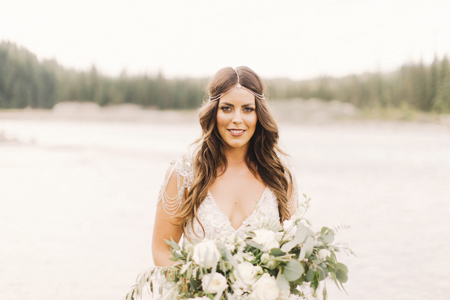 boho chic bride, bride with hair down, anna campbell dress 