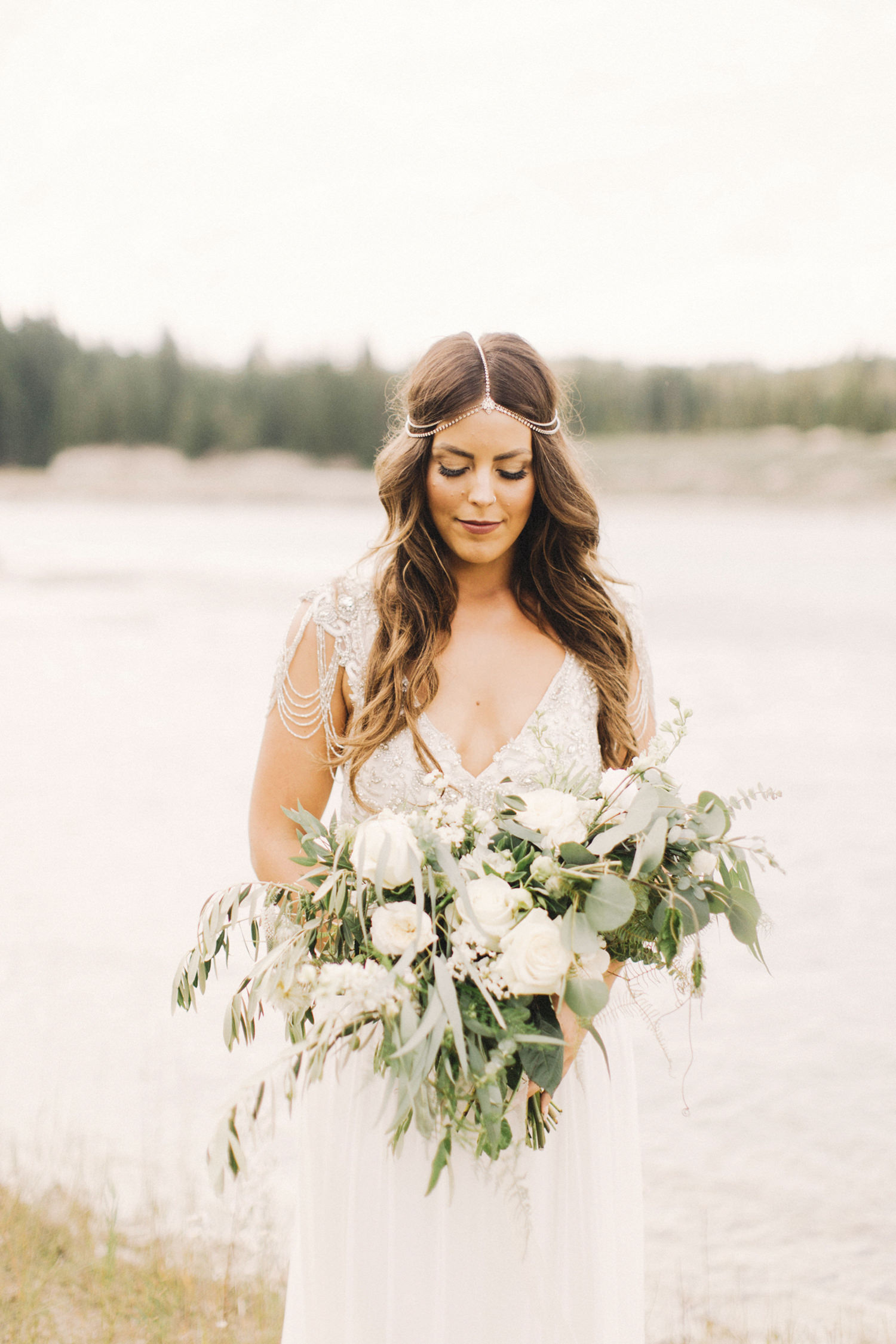 boho chic bride, bride with hair down, anna campbell dress 