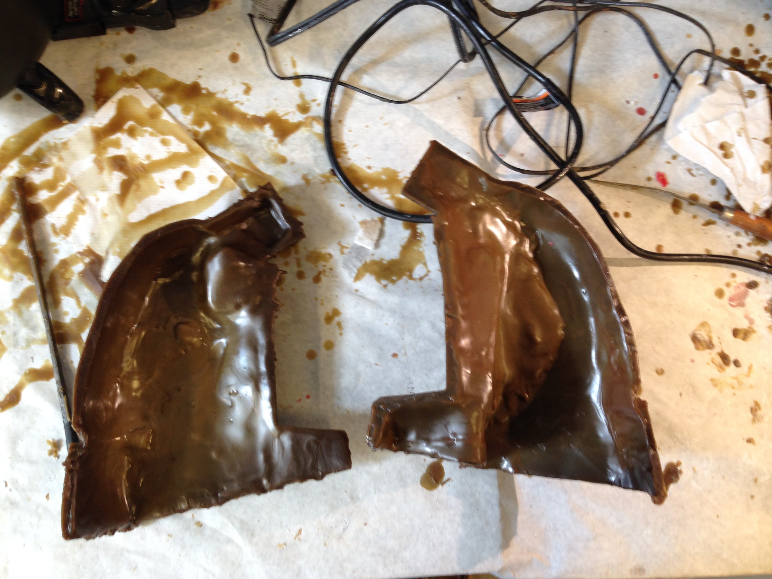 The two parts of the wax before being stitched together