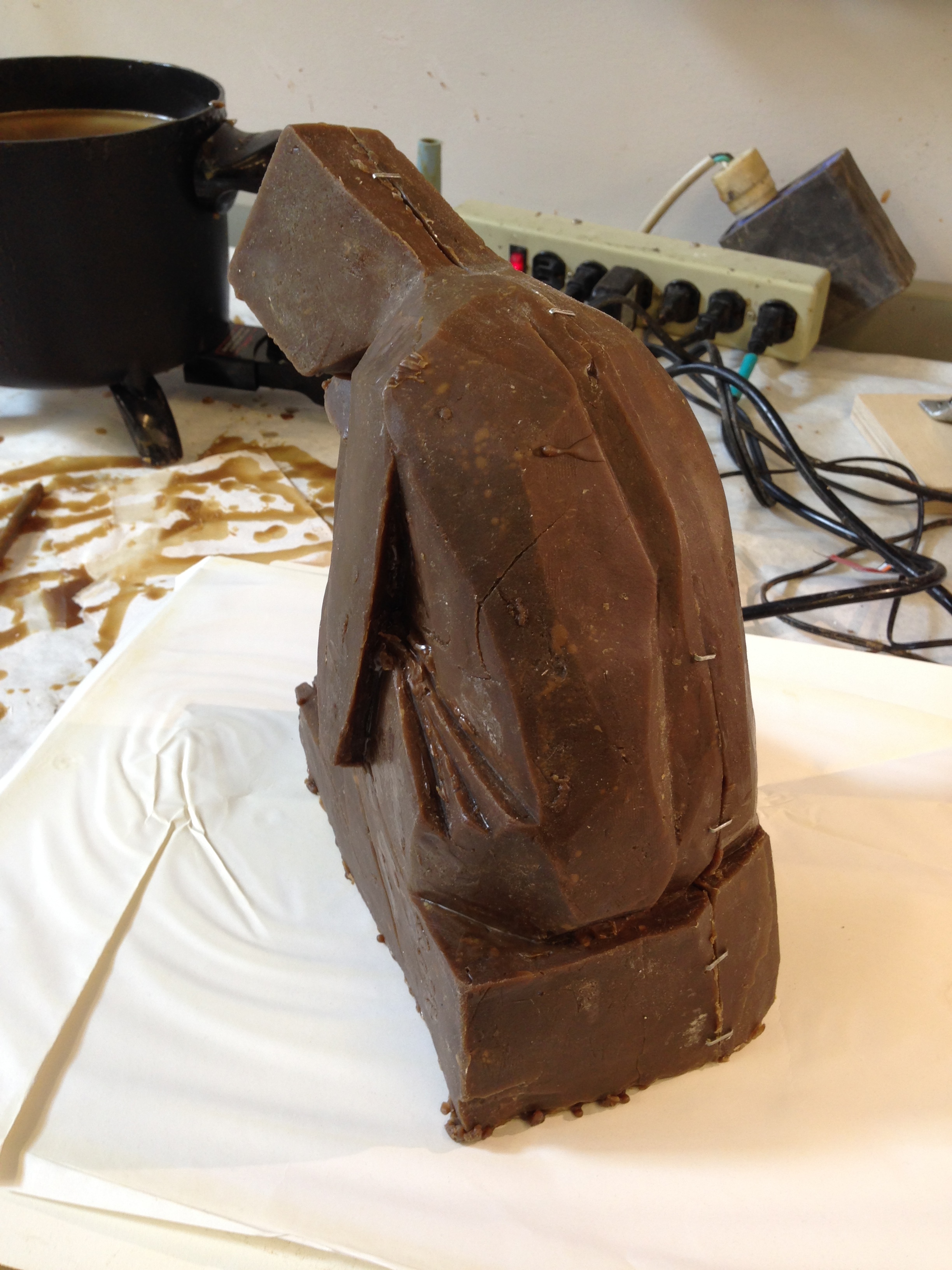 The two parts of the wax cast ready to be stitched together