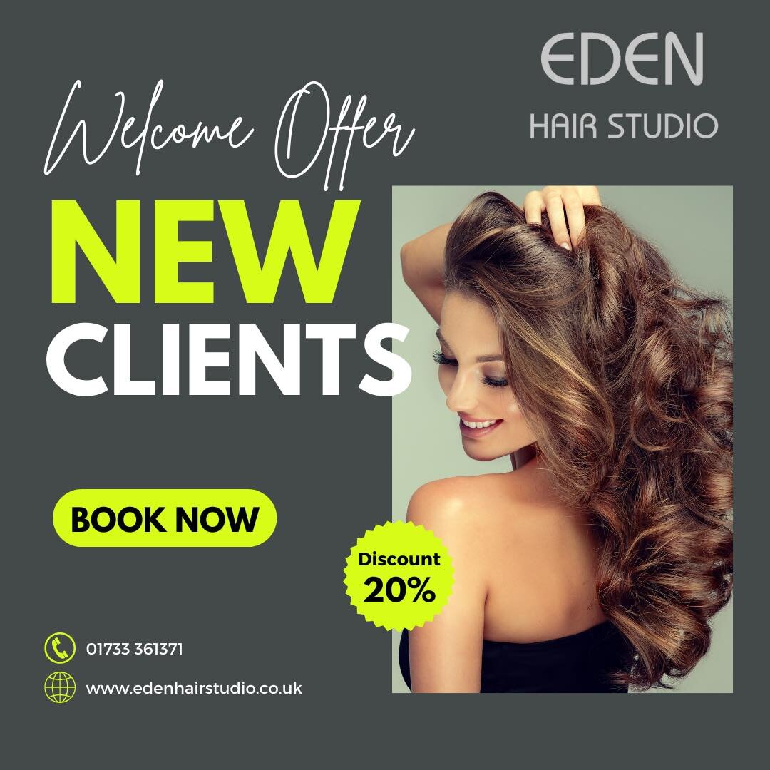 We would love to welcome you to our friendly salon, with a 20% discount. Call our experienced team on 01733 361371 to book your appointment. As a new client, or a long standing client, you will always receive a free in-depth consultation to discuss a
