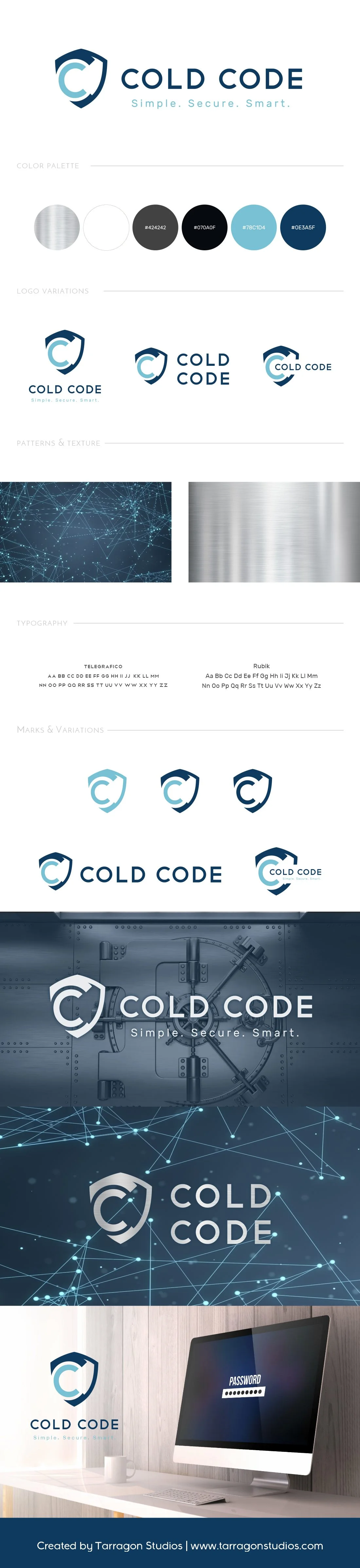 Techy masculine shield logo and brand for Cold Code Secure Crypto Currency Storage Device design by Tarragon Studios. Keep Reading to see all the strong security inspired logo variations! #logo #design #masculine #security