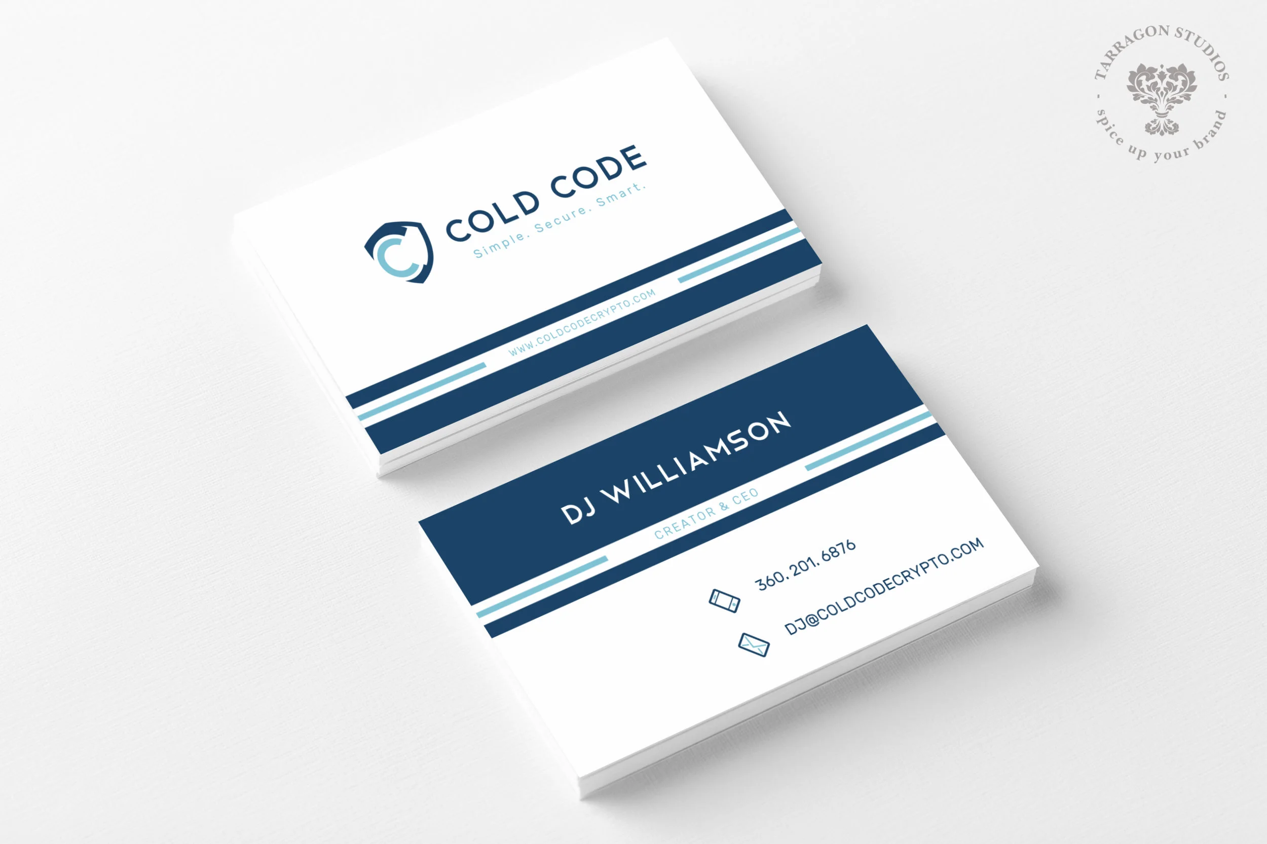 Techy masculine shield logo and brand for Cold Code Secure Crypto Currency Storage Device design by Tarragon Studios. Keep Reading to see all the strong security inspired logo variations! #logo #design #masculine #security