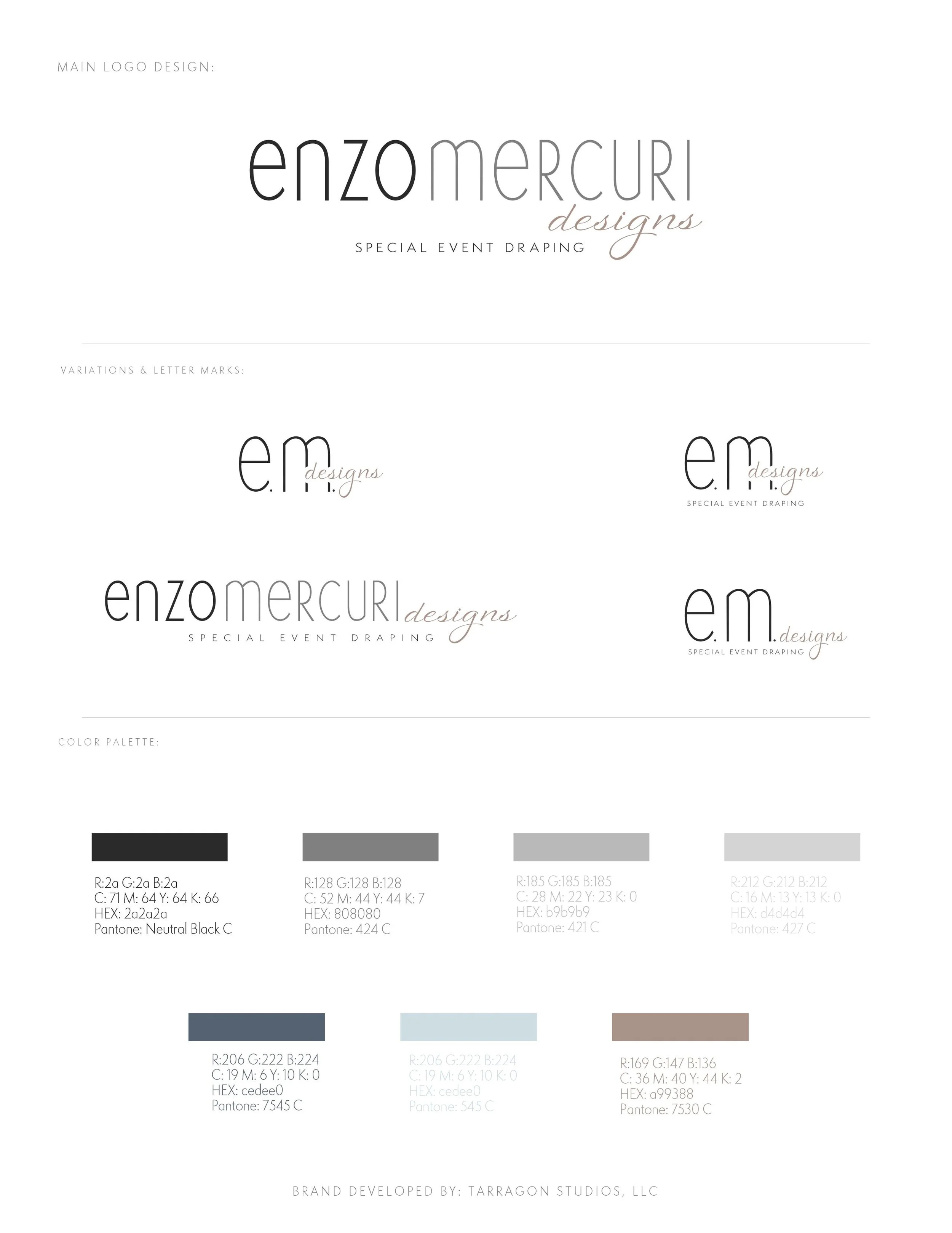 Chic, Minimal, unique and brand for Enzo Mercuri Designs, Special Event Draping by Tarragon Studios. Keep Reading to see all the gorgeous high-end inspired logo variations! #logo #design #chic #minimal