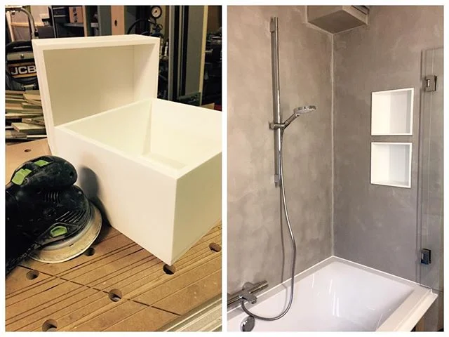 Now we make our own furniture parts in Corian! #n14 #awesomefurniture #corian #bathroom #renovations #festool