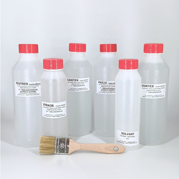 Paquet assortiment d'apprêts PRO : FEUTREX: 3 x 1L - PAILLE: 2 x 1L - CARITEX: 1 x 1L - DURTEX : 2 x 1L - XTRA 36 : 1 x 0,5L - Cleaner : 1 x 0,5L - 1 brosse en poils naturels