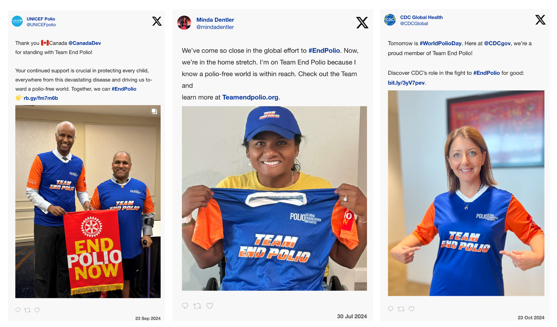 Team End Polio Social Posts featuring the branded jerseys and hats