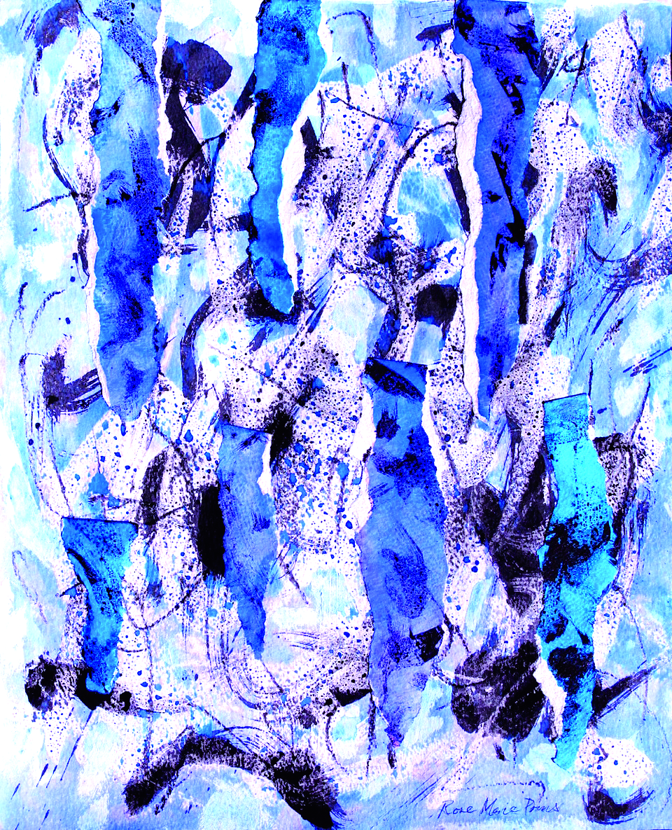 Winter's Dance , Sumi ink, wax medium, collage, watercolor on paper, 25" x 20"