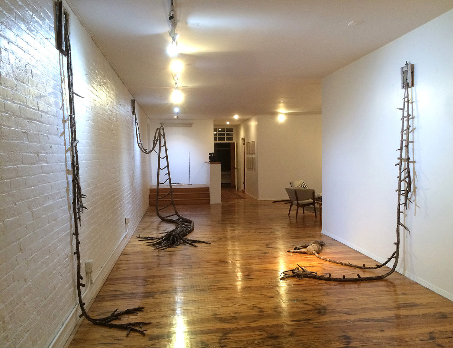 "Luna Window: Ladder Nos 12, 14, and 16" 2016, All are made of rust and tea stained silk organza stuffed with human hair, leather, cheesecloth, thread and various string and yarn, fabricated old windows.