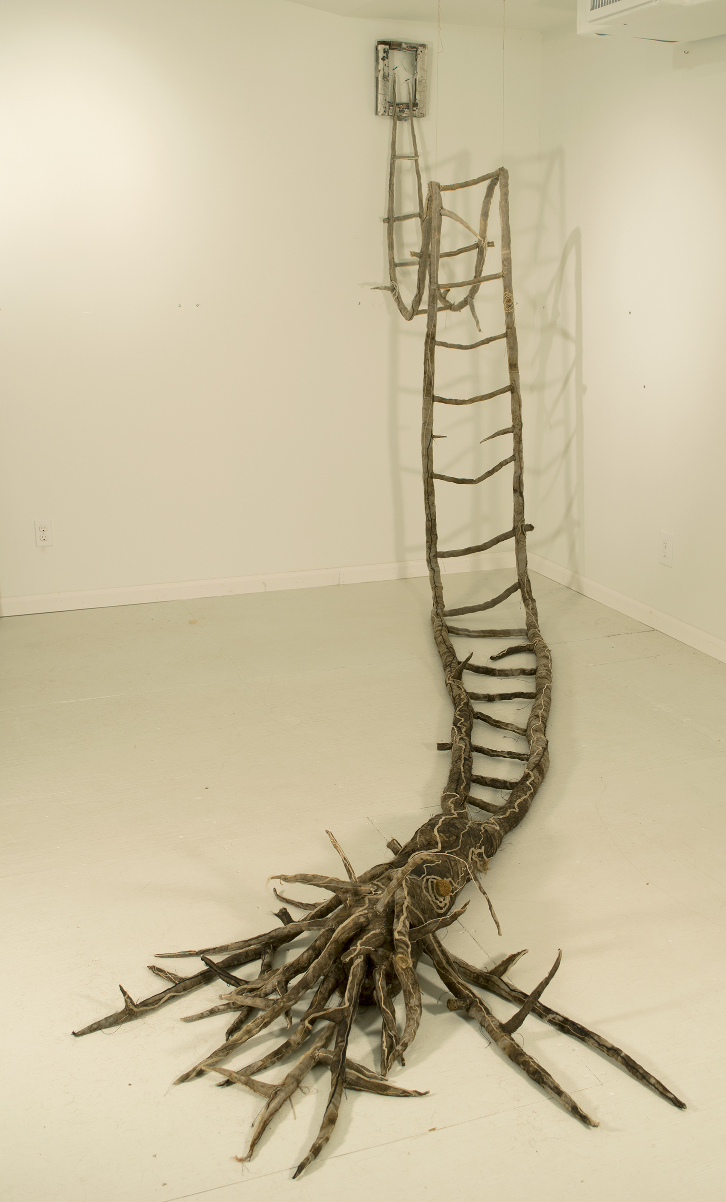 "Luna Window: Ladder No 14" 2016- Rust and tea stained silk organza stuffed with human hair, encaustic, string, thread, yarn, old nails and old window About 96h x 108w x 144d inches