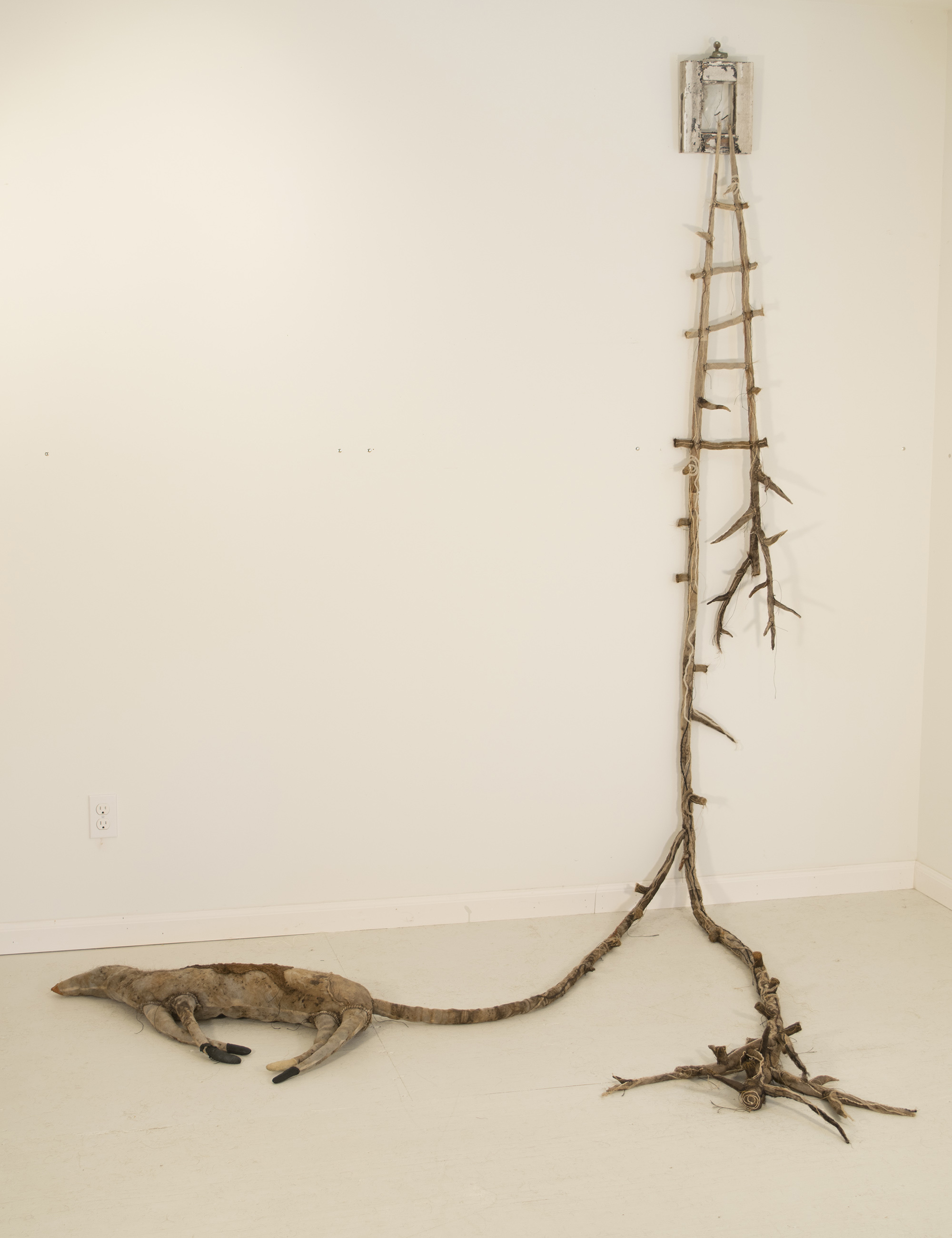 "Luna Window: Ladder No 16", 2016, Silk organza, rust, tea, human hair, encaustic, string, thread, yarn, old nails and old window About 96h x 93w x 60d inches