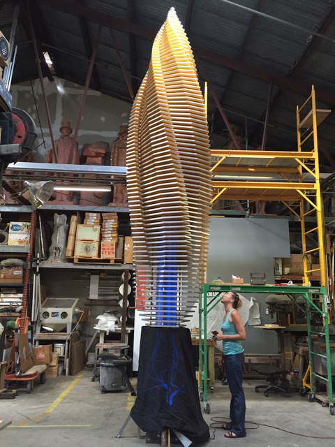 We finished the preliminary assembly of the “Budding Vortex” and had it on display during ArtWalk. Now it has been disassembled and the primary support is off to be powder coated.