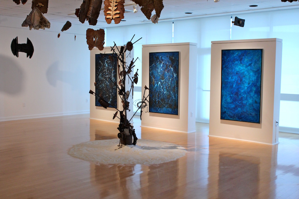 Another detail of Sanctuary at Gallery 221, showing three of the four mixed media paintings in the exhibition