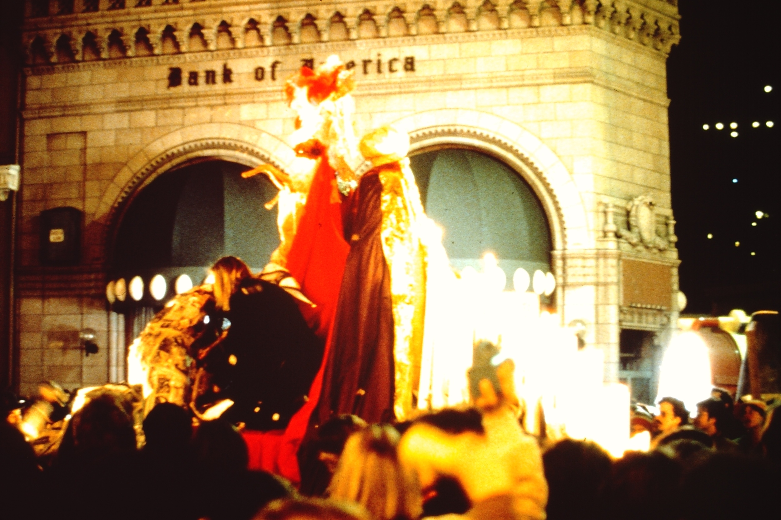 The Virgin and the Whore float as part of a Women Take Back the Night march in San Francisco. This was a collaborative project, organized by performance artists Suzanne Lacy and Leslie Labowitz, in which I participated, along with a group of fellow students in the Feminist Studio Workshop at the Woman's Building in Los Angeles. Also, while a student at the Feminist Studio Workshop, I joined the team of volunteers who worked on Judy Chicago's Dinner Party now on permanent display at the Brooklyn Museum.