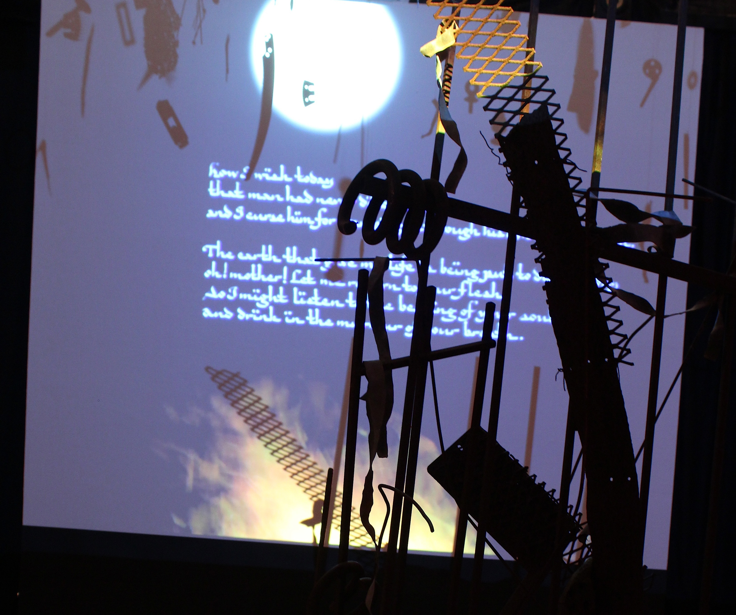 Homeland, Lost and Found , a collaborative installation inspired by a poem by Salah Al Hamdani with music composed and arranged by Rick Neal of element-dao, video by Jim Sennott and calligraphy by Charlene McCarthy. I was awarded a solo show in 2014, having won Best-of-Show the previous year at the Morean Arts Center. Rose Marie Prins: Homeland Lost and Found was a solo show in which I invited the other artists to collaborate with me.