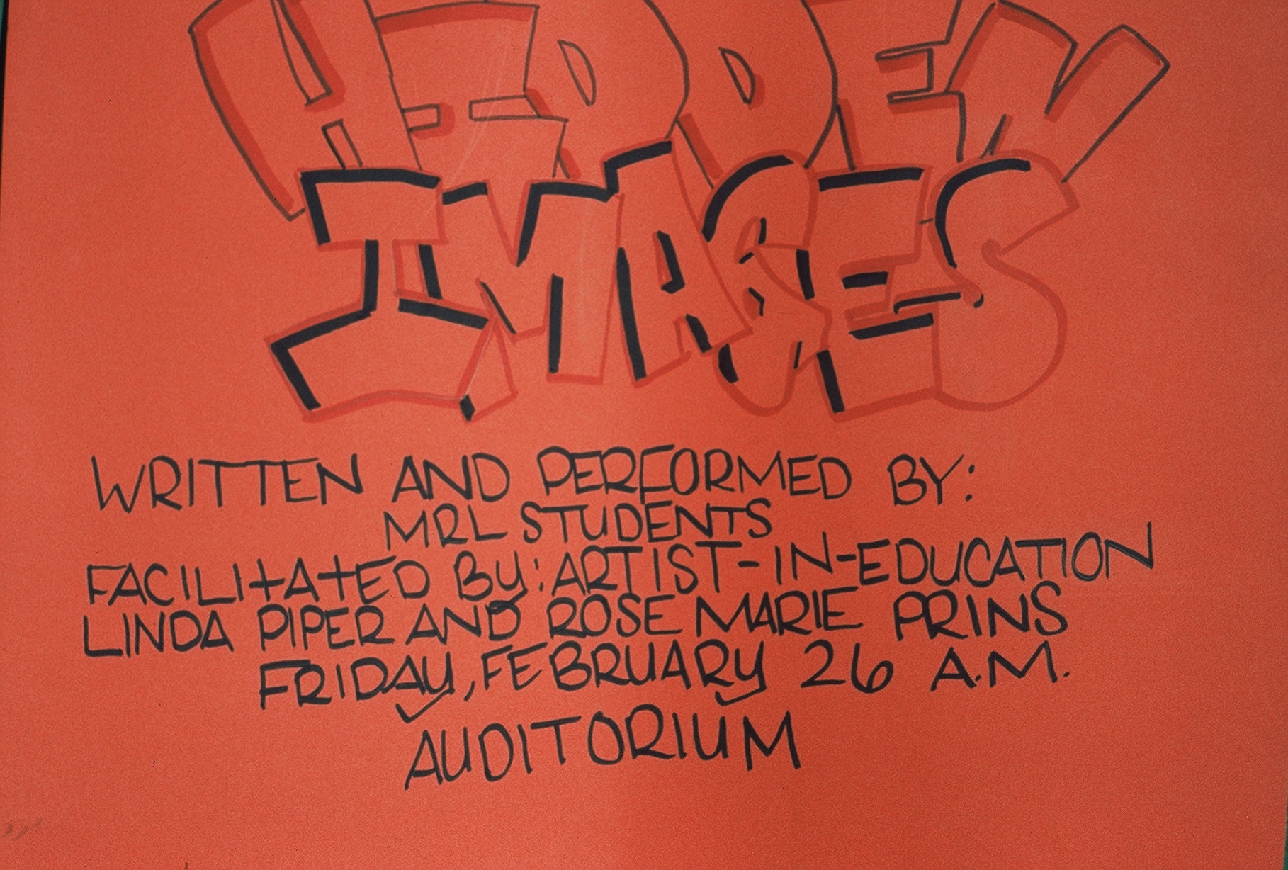 Linda Piper's and my most successful residency as collaborators was with the Youth Diagnostic and Development Center in Albuquerque, NM, where we worked with incarcerated youth to write and perform a play about the individuals behind the masks we present to the world. The play was called "Hidden Images." My role was to create masks, sets and publicity with the young inmates. A few days before the big day of the show, the sheriff arrived to release our male lead. He begged the sheriff to allow him to stay until after the performance, the sheriff conceded, and the show went on! 